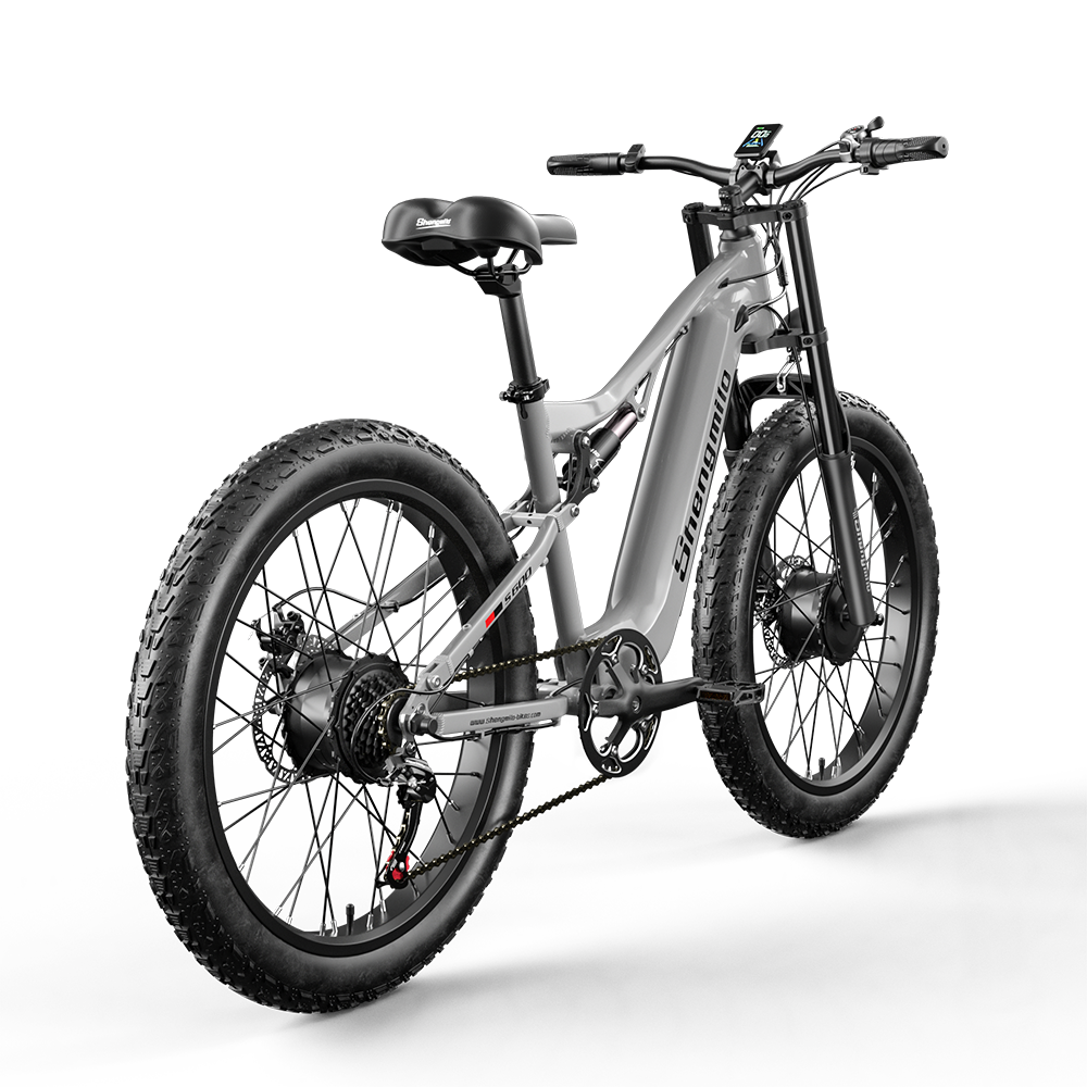 Graues E-Bike mit dicken Reifen und Federung, von hinten links gezeigt.