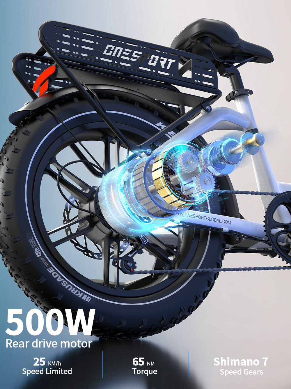 Detailaufnahme eines E-Bikes mit 500W Heckmotor, Kette und Gangschaltung.