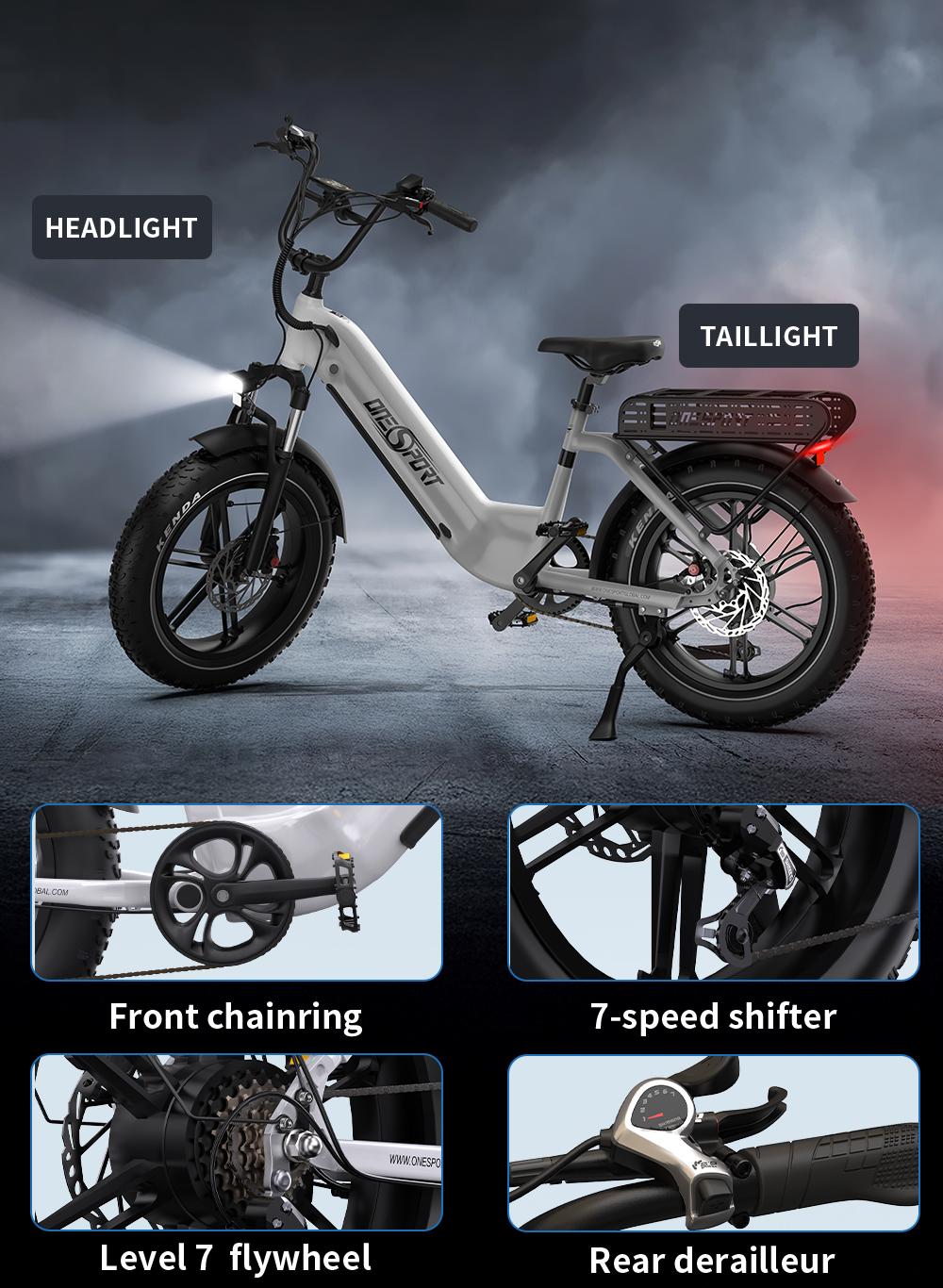 Ein weißes E-Bike mit Frontscheinwerfer, Rücklicht, Kette, Ritzel und Schalthebel.