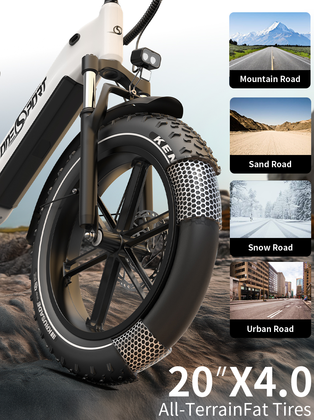 Weißes E-Bike-Vorderrad mit "Krusade" und "Ken" Schriftzug, 20"x4.0 All-Terrain-Fat-Reifen.