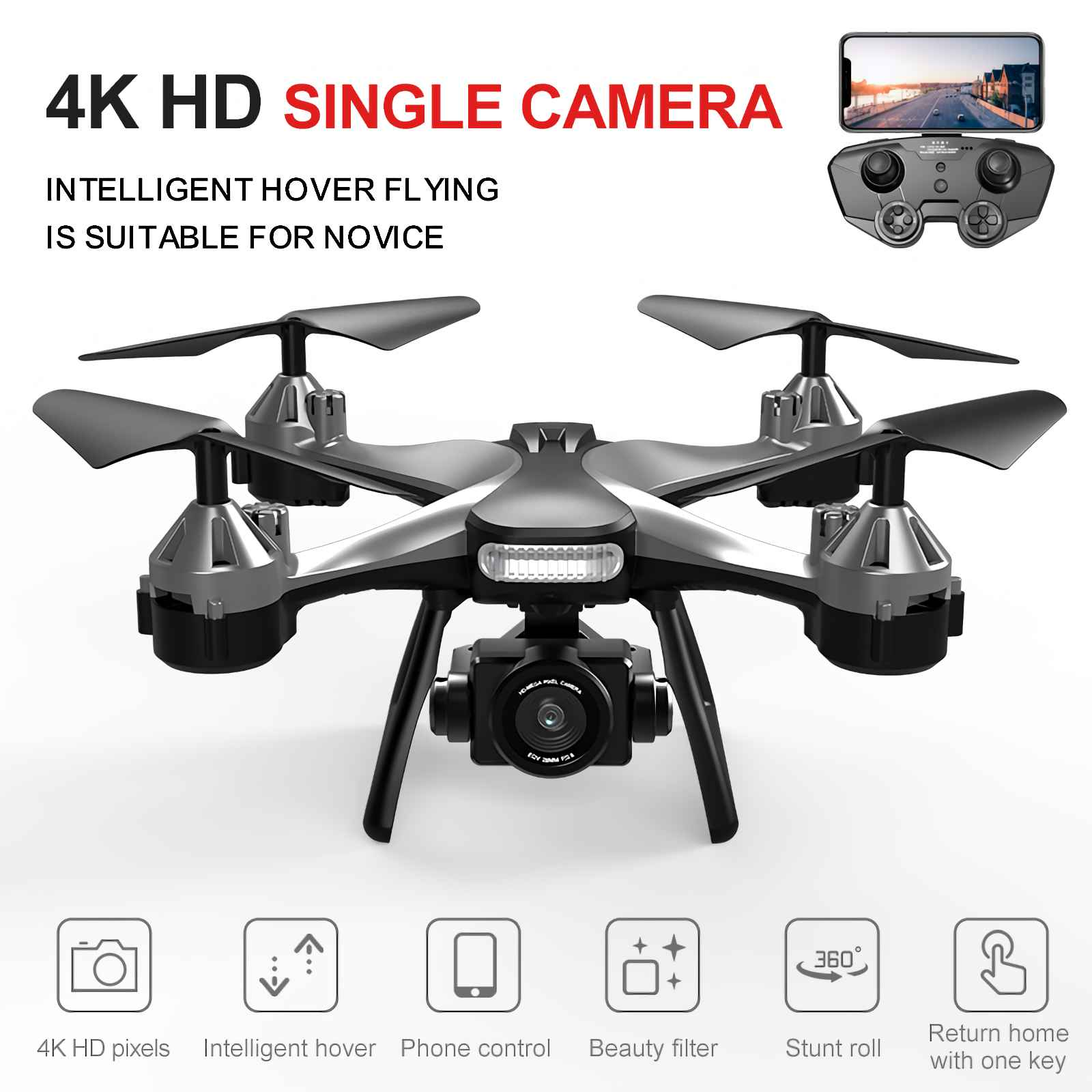 Ein schwarzer und silberner Quadrocopter mit Kamera, Fernbedienung und Smartphone-Display.