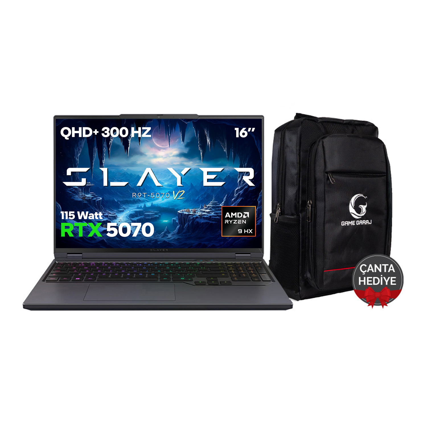 GAME GARAJ Slayer R9T-5070 V2 C1 RTX5070 300Hz QHD+ IPS AMD Ryzen 9-8945HX 32 GB RAM 1 TB SSD 16 inç FreeDOS Gaming Laptop Gri