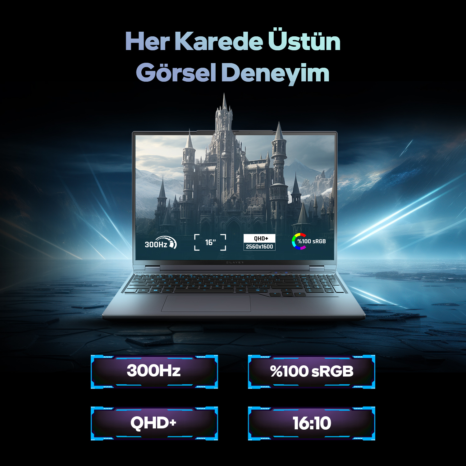 Kale resmi gösteren laptop, 300Hz, 16 inç, QHD+ çözünürlük.
