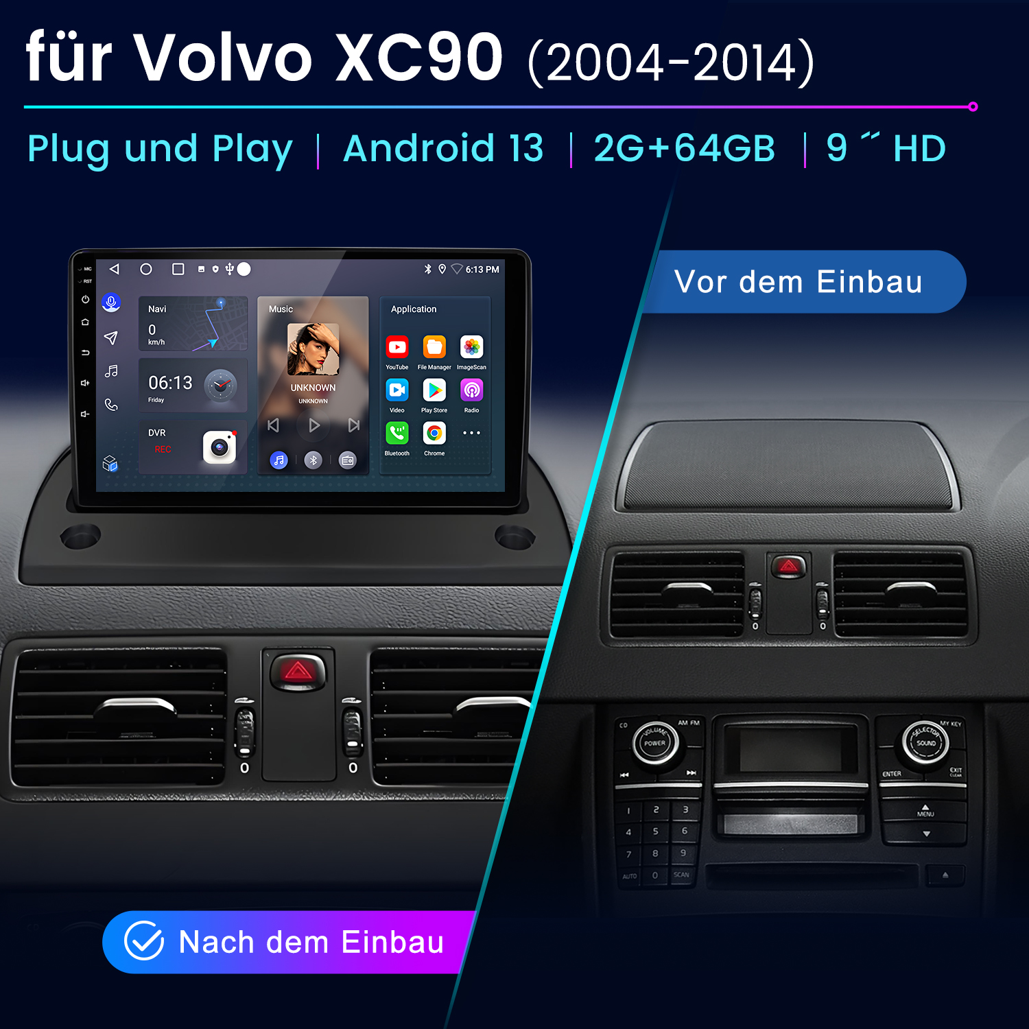 Bild zeigt ein Auto-Infotainmentsystem vor und nach dem Einbau in einen Volvo XC90.