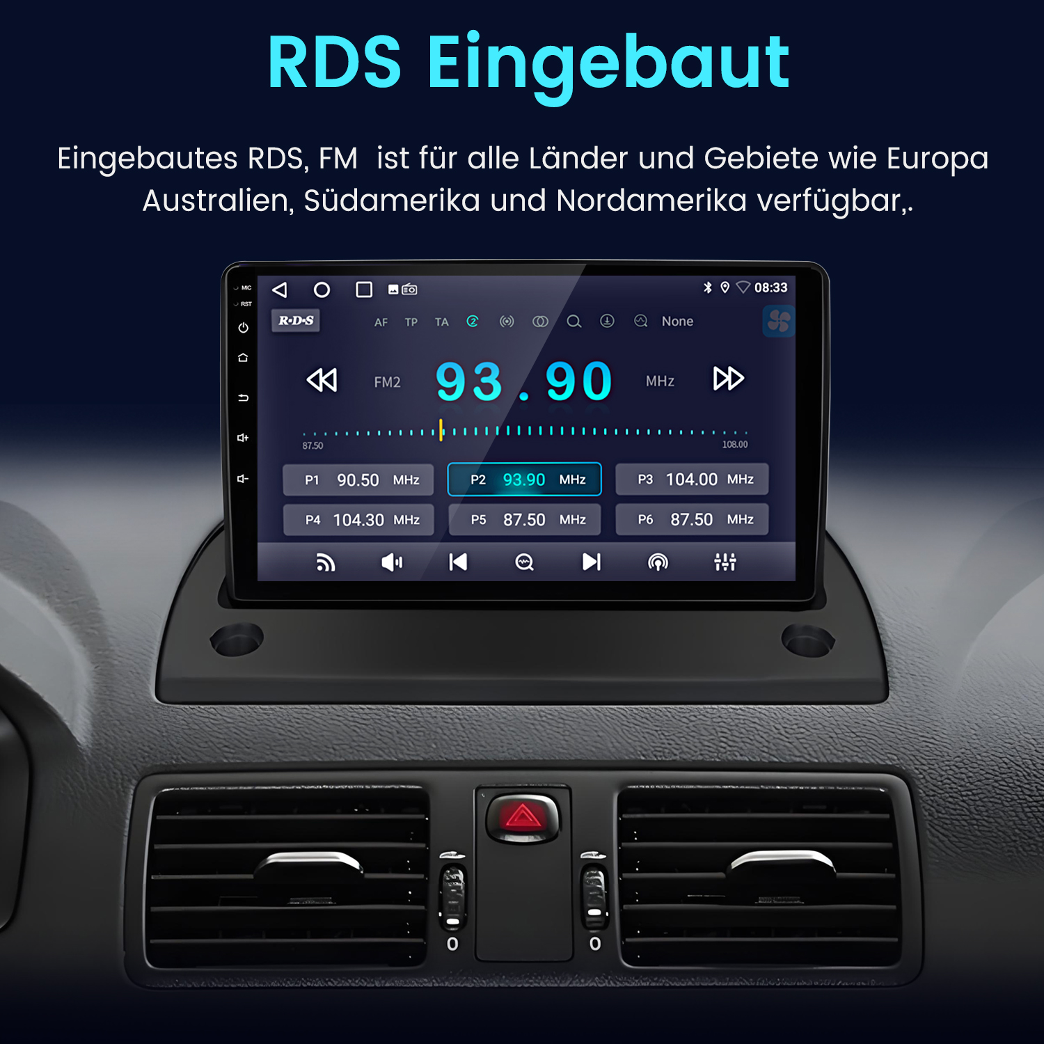 Ein Autoradio-Display zeigt 93.90 MHz FM2 an, mit Sender-Voreinstellungen.