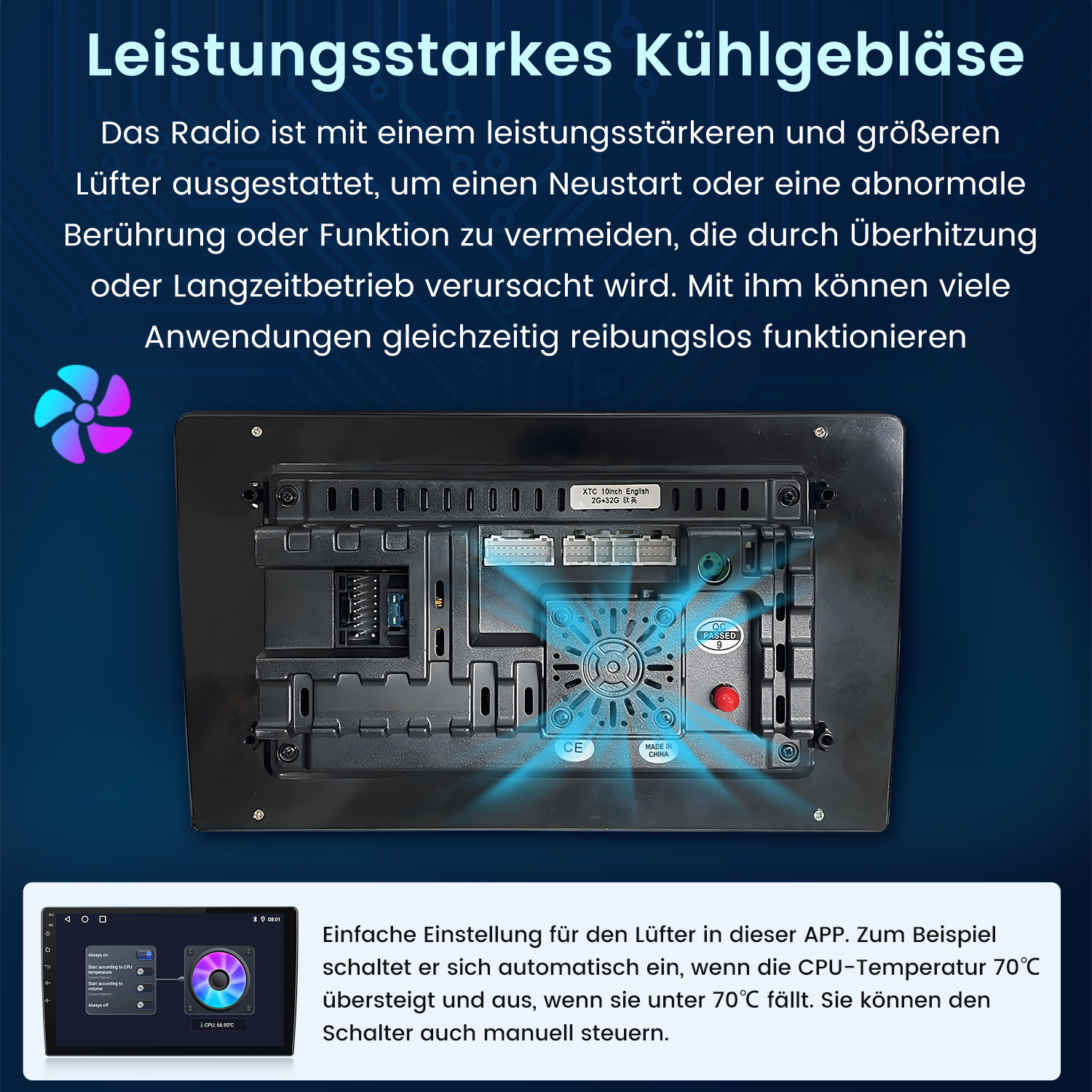 Rückseite eines Autoradios mit Lüfter und App-Steuerung.