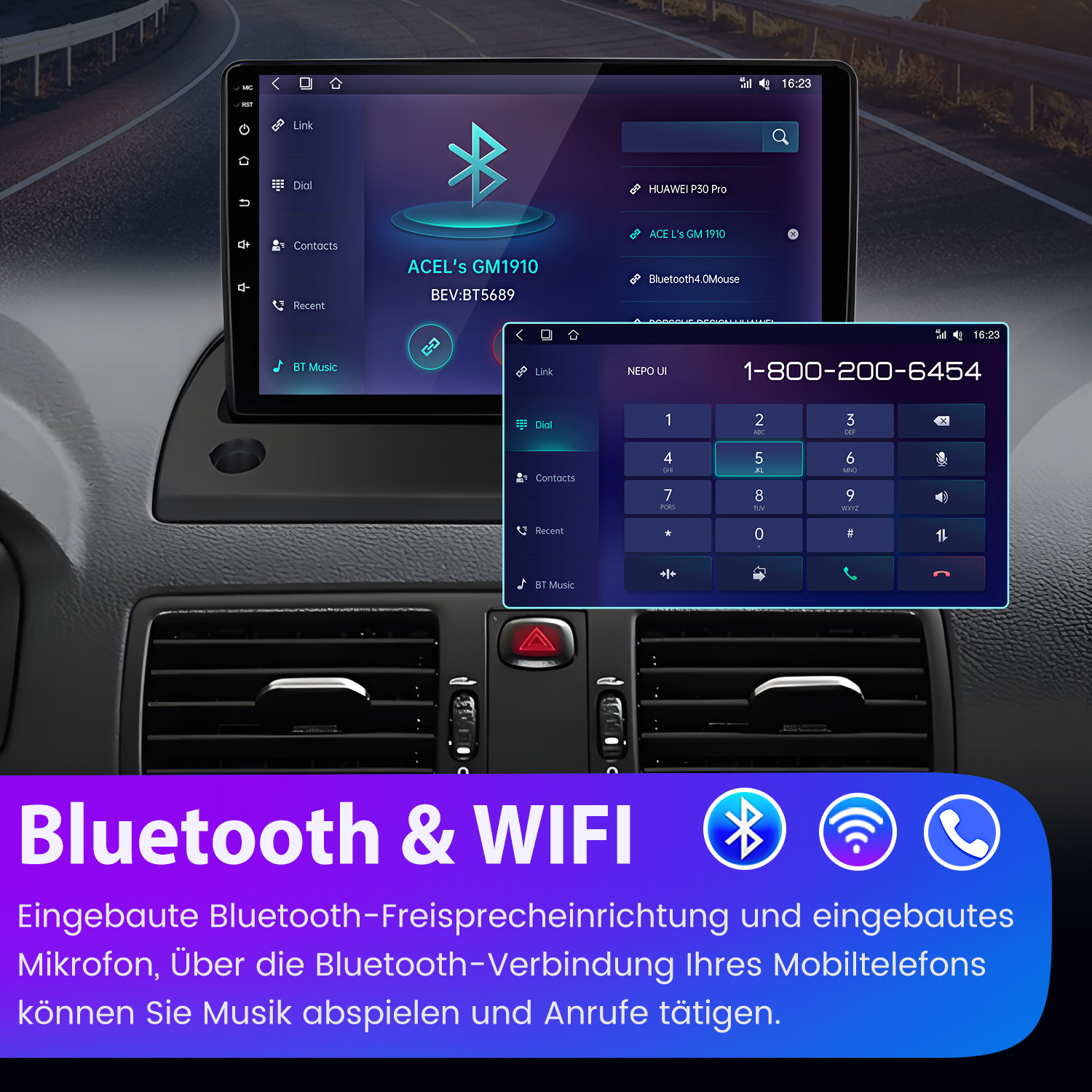 Ein Auto-Infotainmentsystem mit Bluetooth- und Wählmenüs, Telefonnummerneingabe.