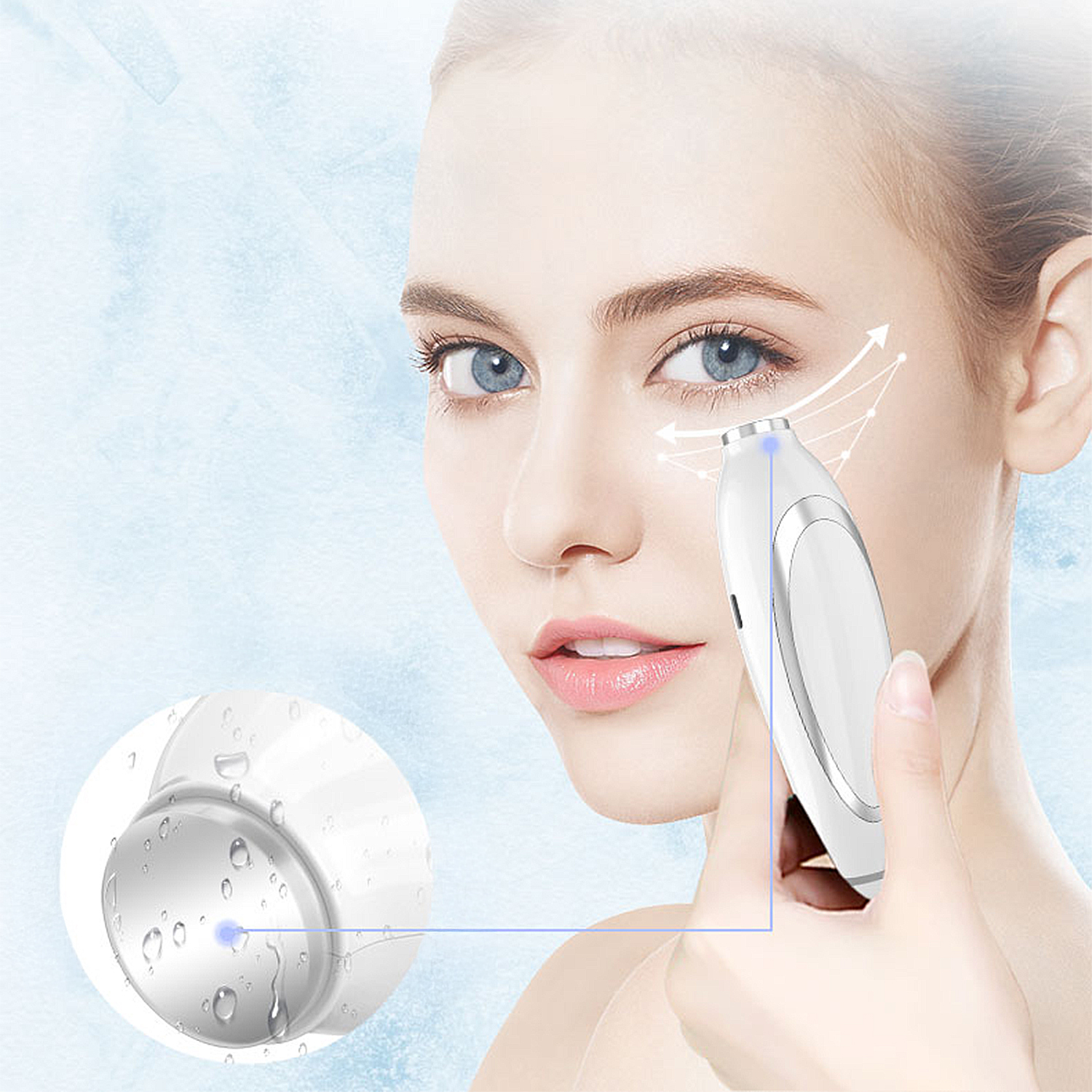 Primer plano de un rostro usando un dispositivo de cuidado de la piel, con detalle de gota de agua.