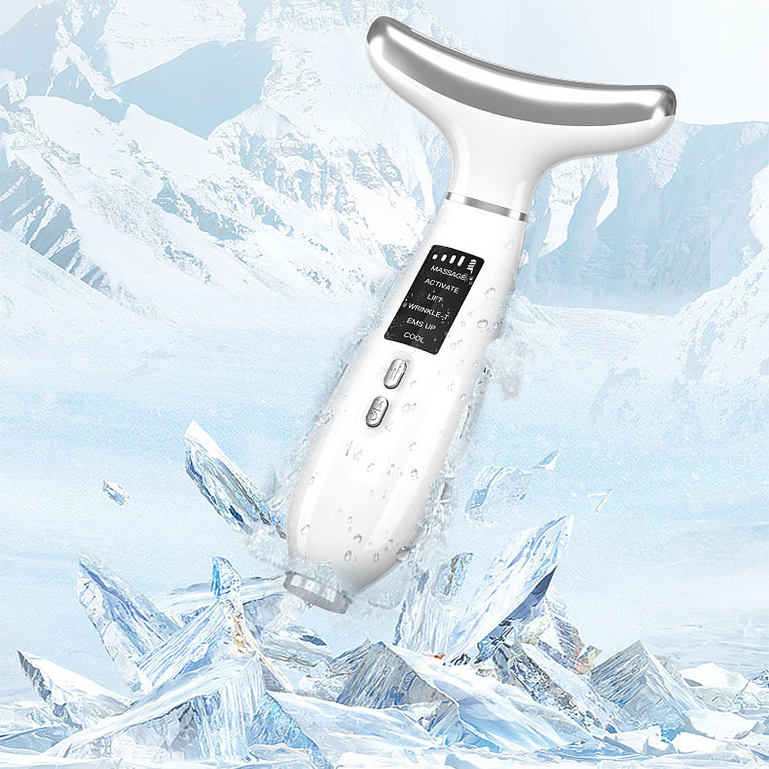Un dispositivo de cuidado de la piel blanco con punta plateada rompe el hielo.