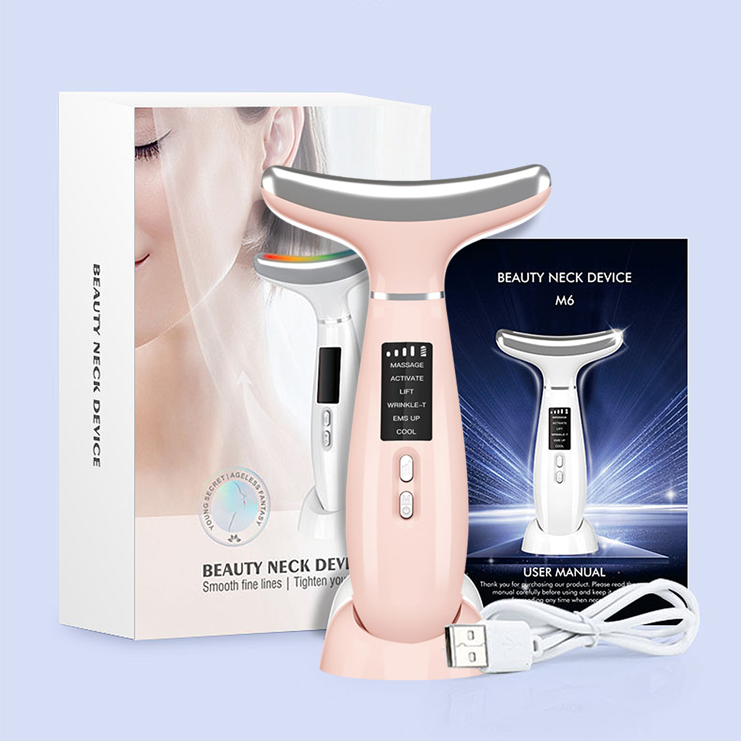 Un dispositivo de belleza para el cuello rosa con cable USB y manual de usuario.