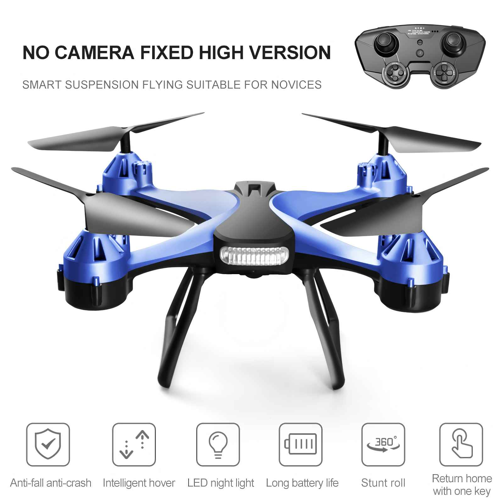 Ein blauer und schwarzer Quadrocopter mit Fernbedienung, für Anfänger.