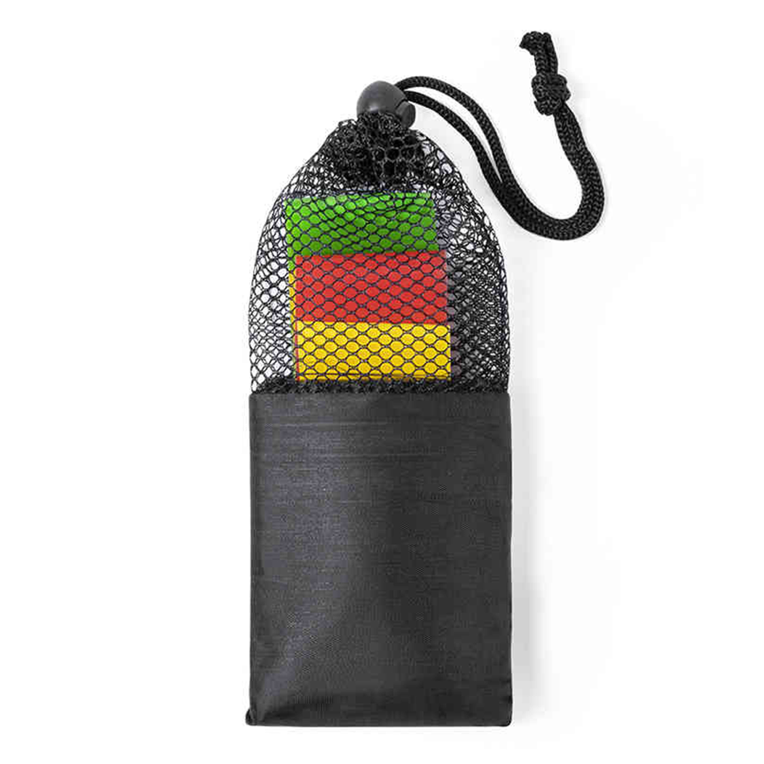 Bolsa de malla negra con cordón que contiene bandas de ejercicio verdes, rojas y amarillas.