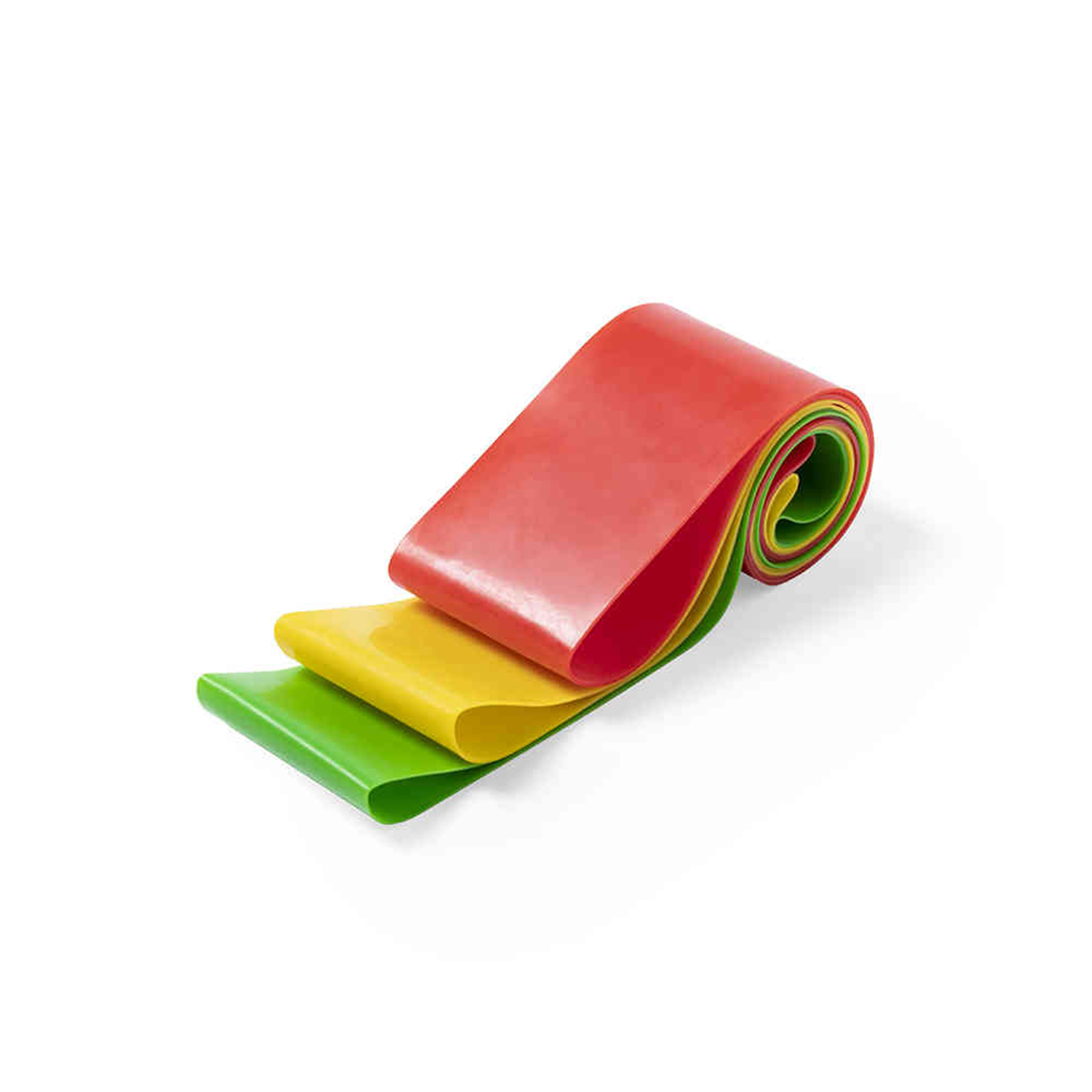 Tres bandas elásticas de colores: verde, amarillo y rojo, apiladas y enrolladas.