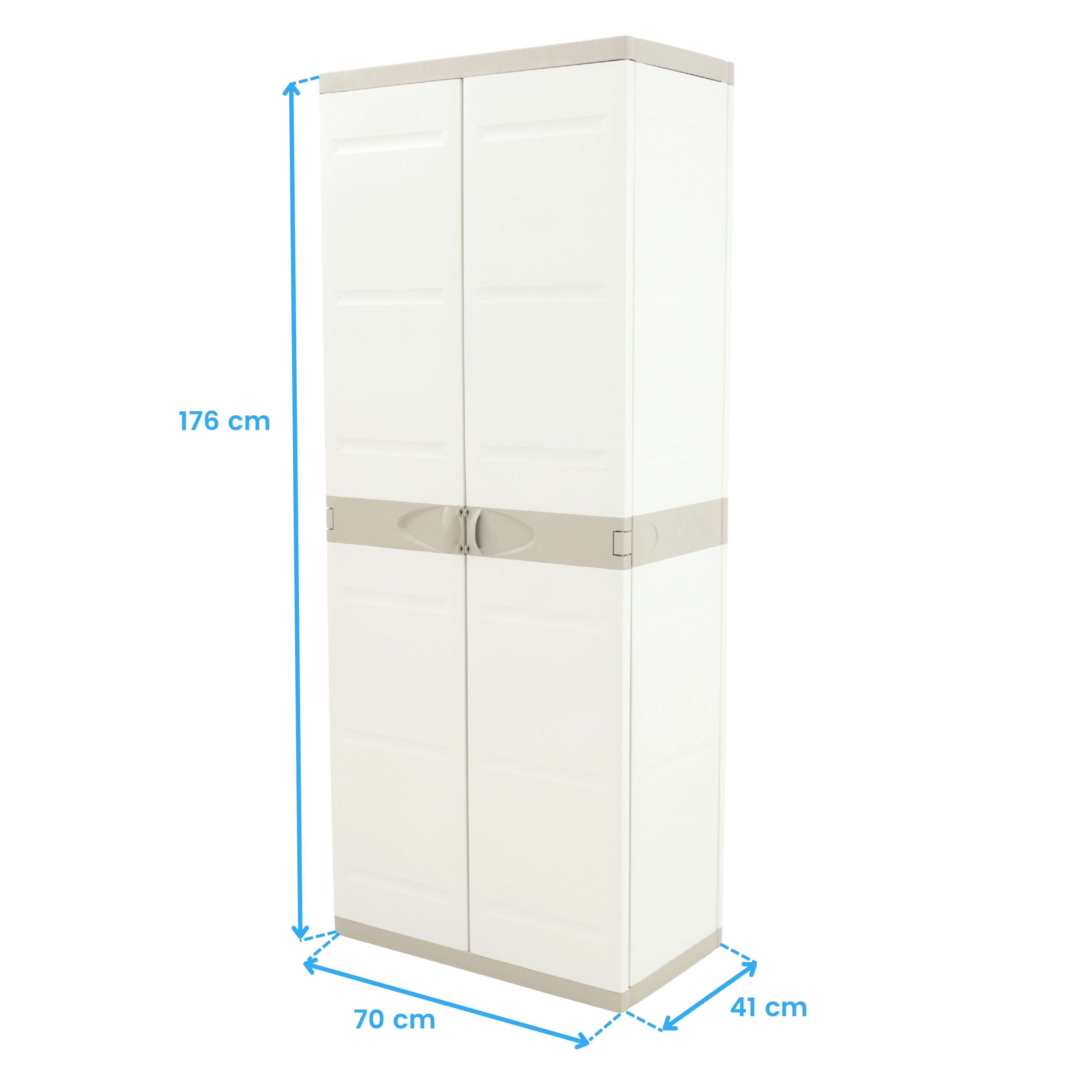 Armario alto blanco con tapa y tiradores grises. Dimensiones: 176x70x41cm.