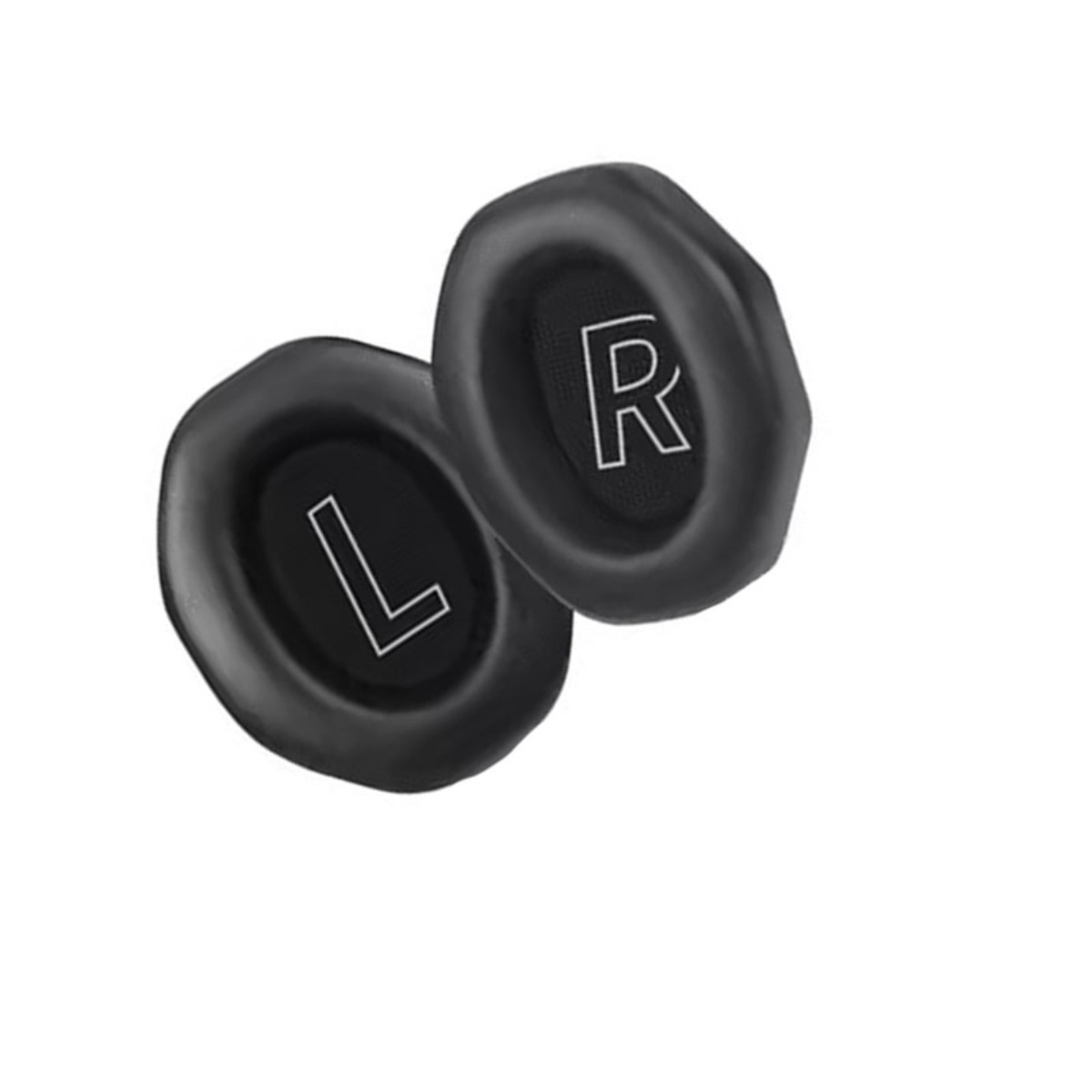 Auricolari neri per cuffie, contrassegnati con L e R.