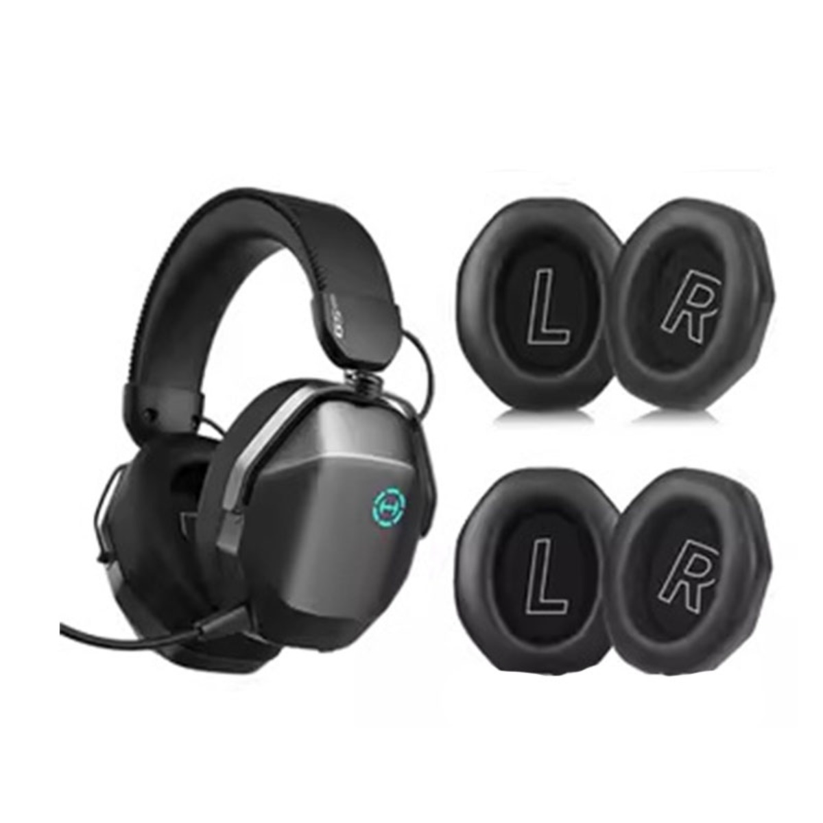 Cuffie da gaming nere con microfono e quattro cuscinetti neri L e R.