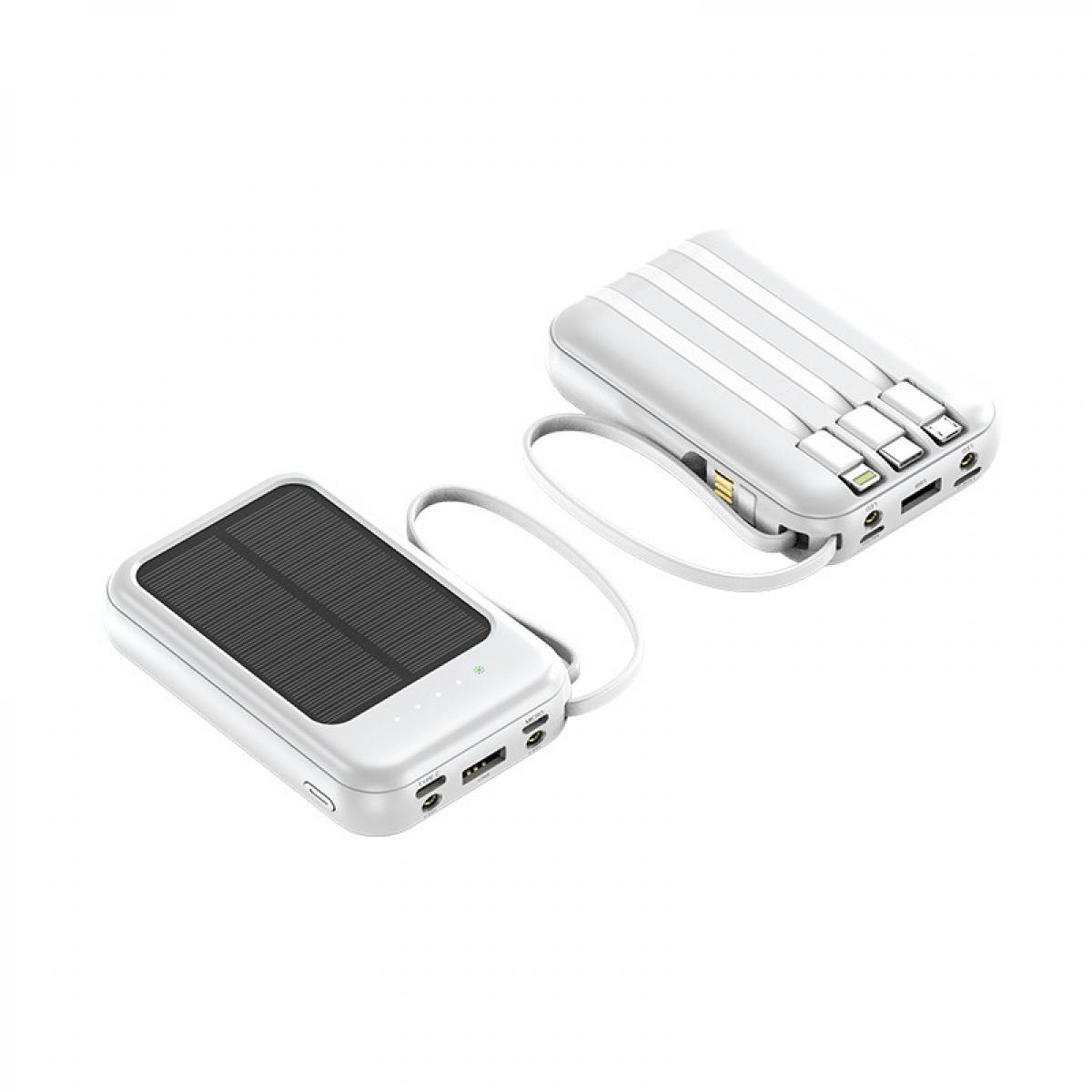Zwei weiße Powerbanks mit Solarmodul und integrierten Kabeln auf weißem Hintergrund.