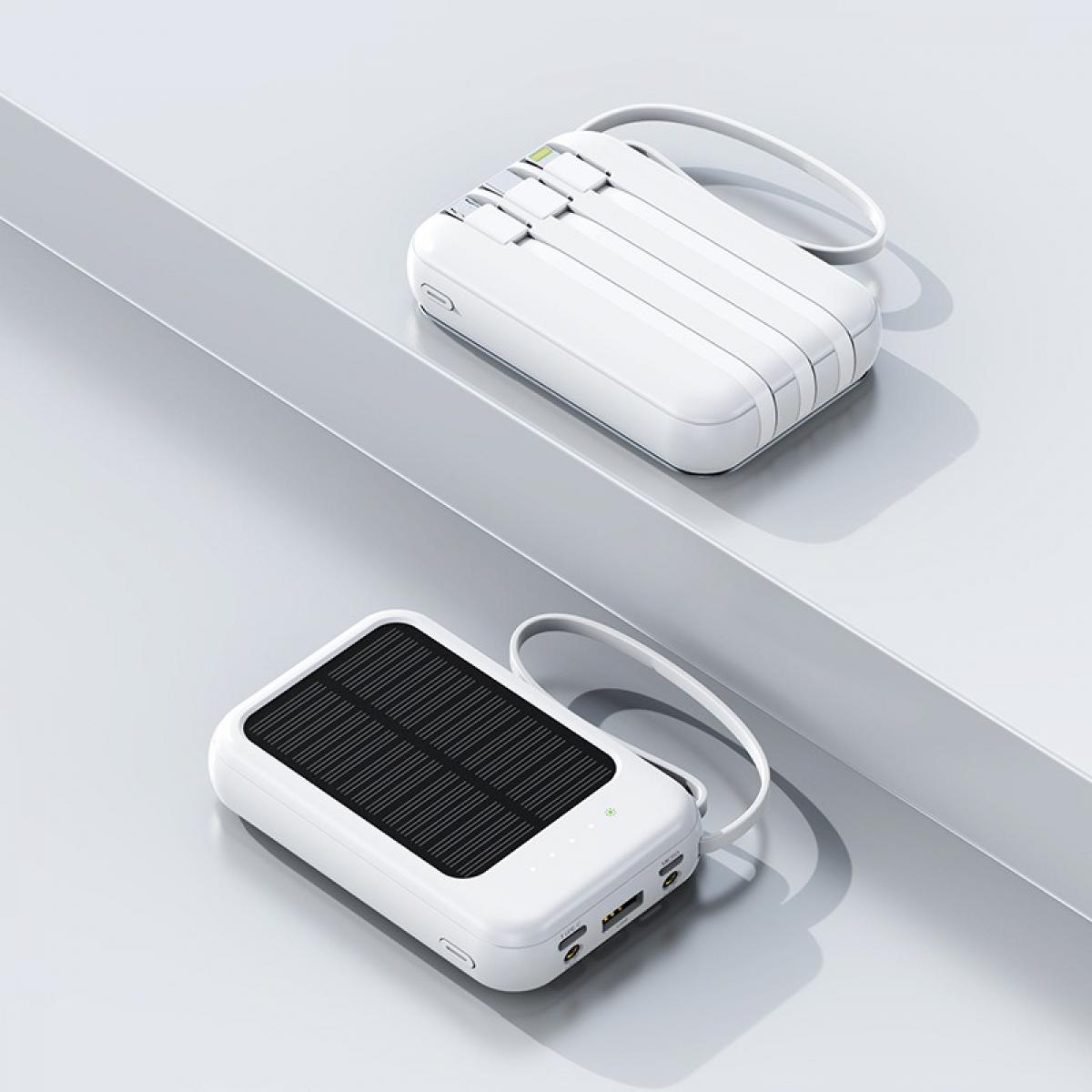 Zwei weiße tragbare Ladegeräte. Eines mit Solarmodulen, das andere mit Kabeln.