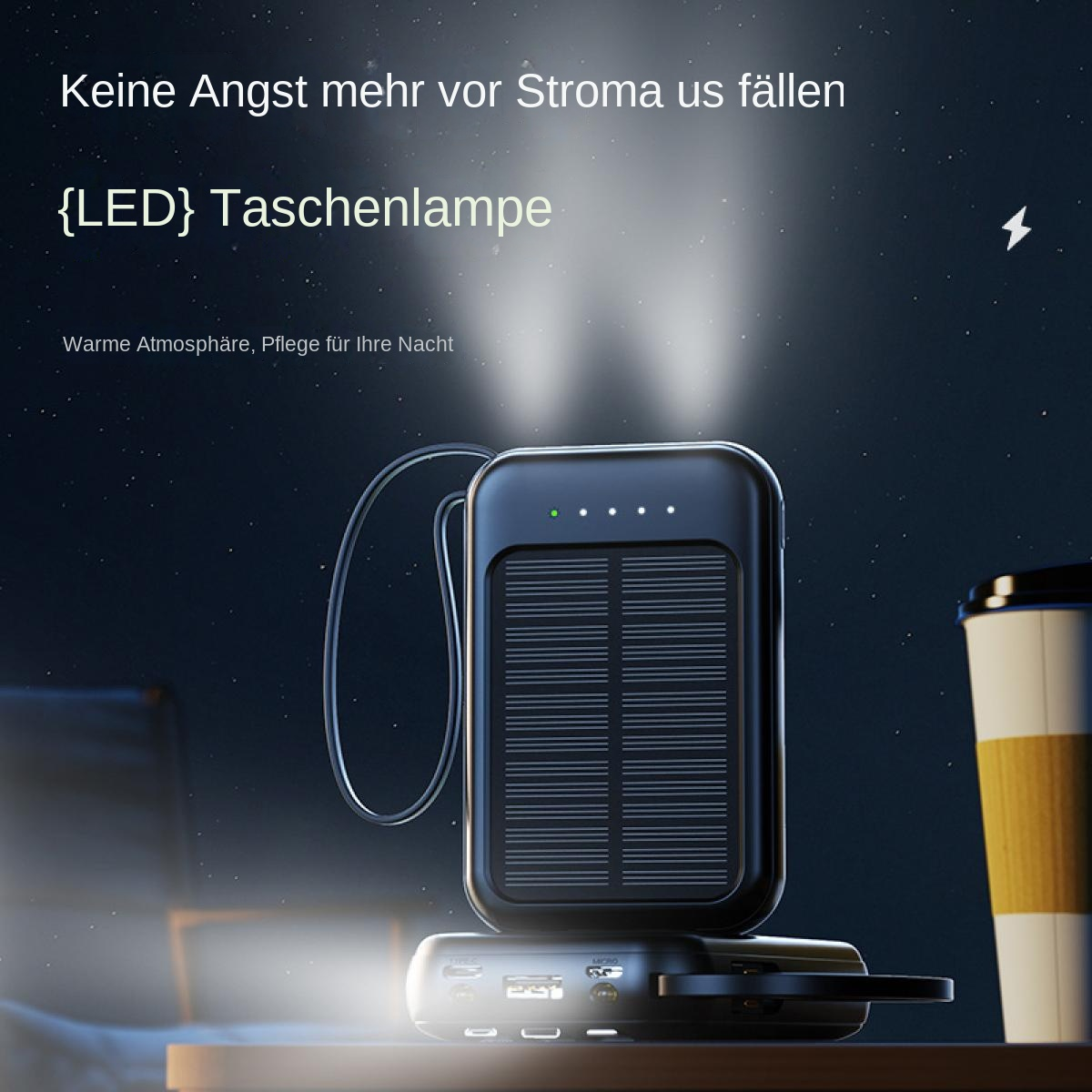 Schwarze Solarladetaschenlampe mit LED-Licht und USB-Anschlüssen auf einem Tisch.