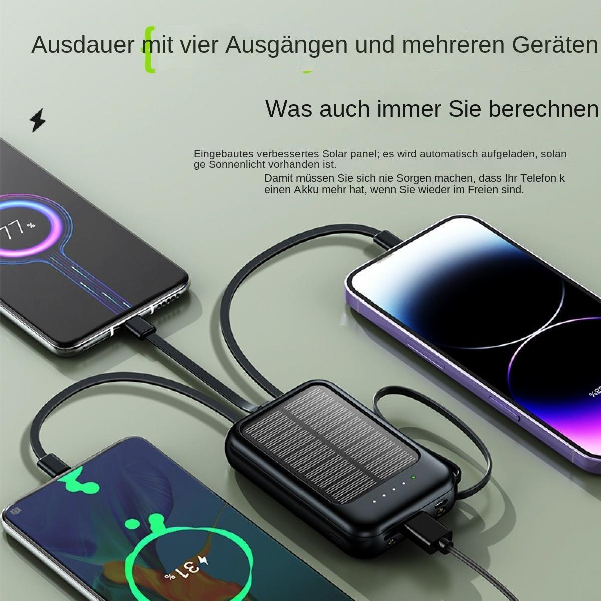 Ein schwarzes Solar Ladegerät lädt drei Telefone gleichzeitig.