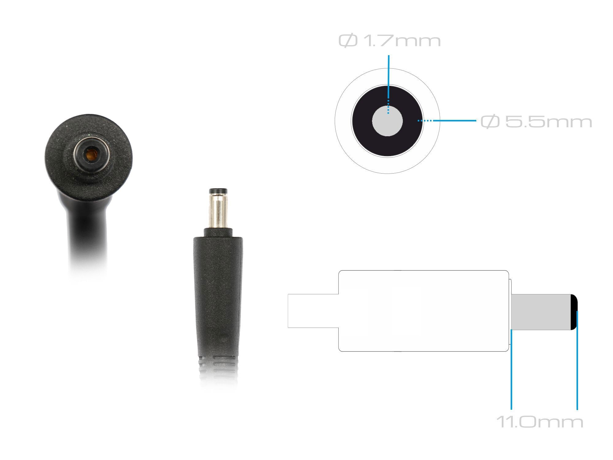 Detailansicht eines Steckers mit Maßen 5,5mm und 1,7mm.