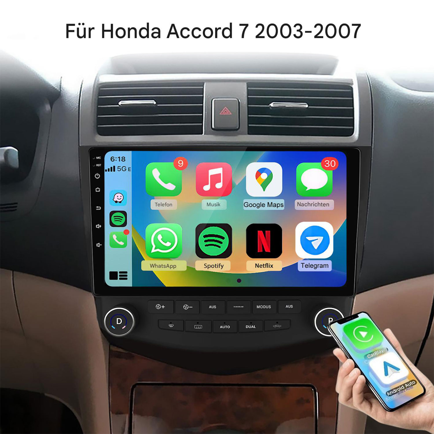 Deska rozdzielcza samochodu z ekranem multimedialnym pokazującym aplikacje Telefon, Muzyka, Mapy.