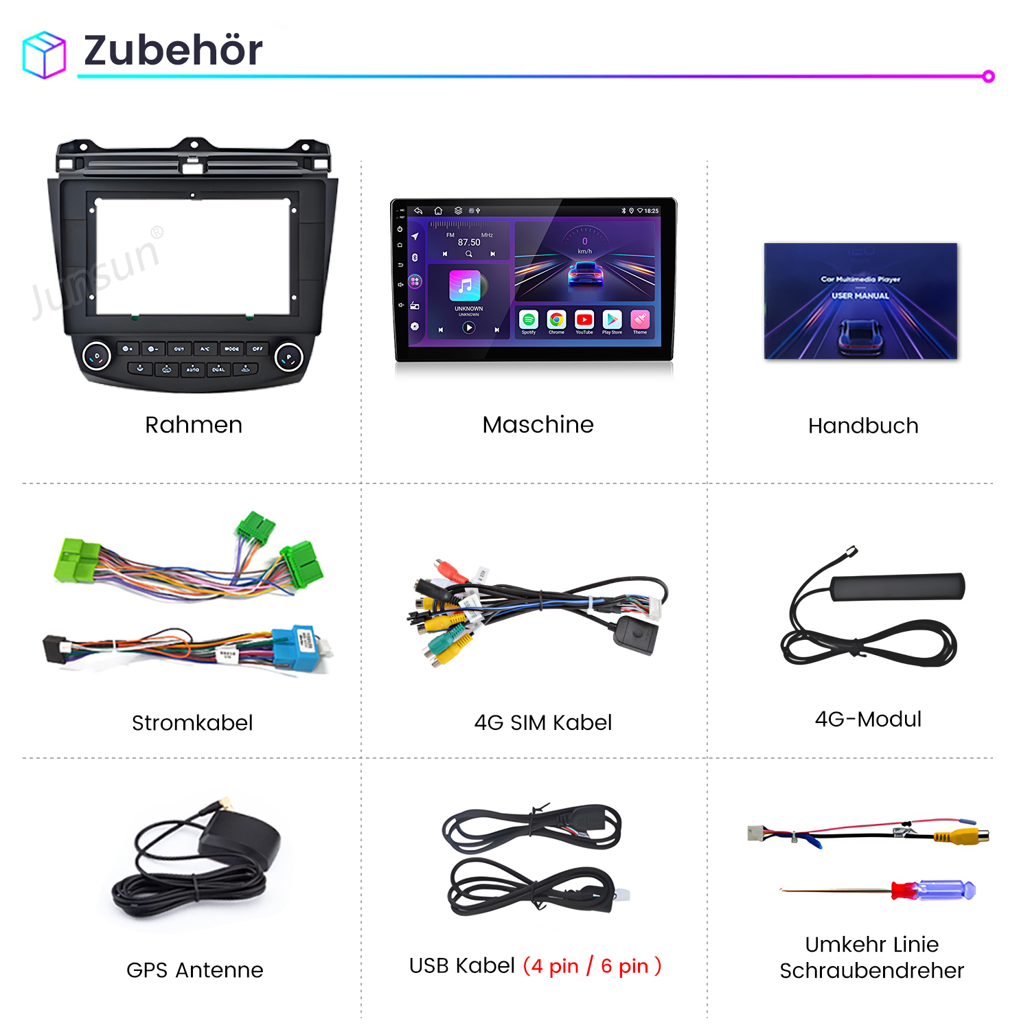 Verschiedene Autozubehörteile: Rahmen, Maschine, Handbuch, Kabel, Antenne und Werkzeug.