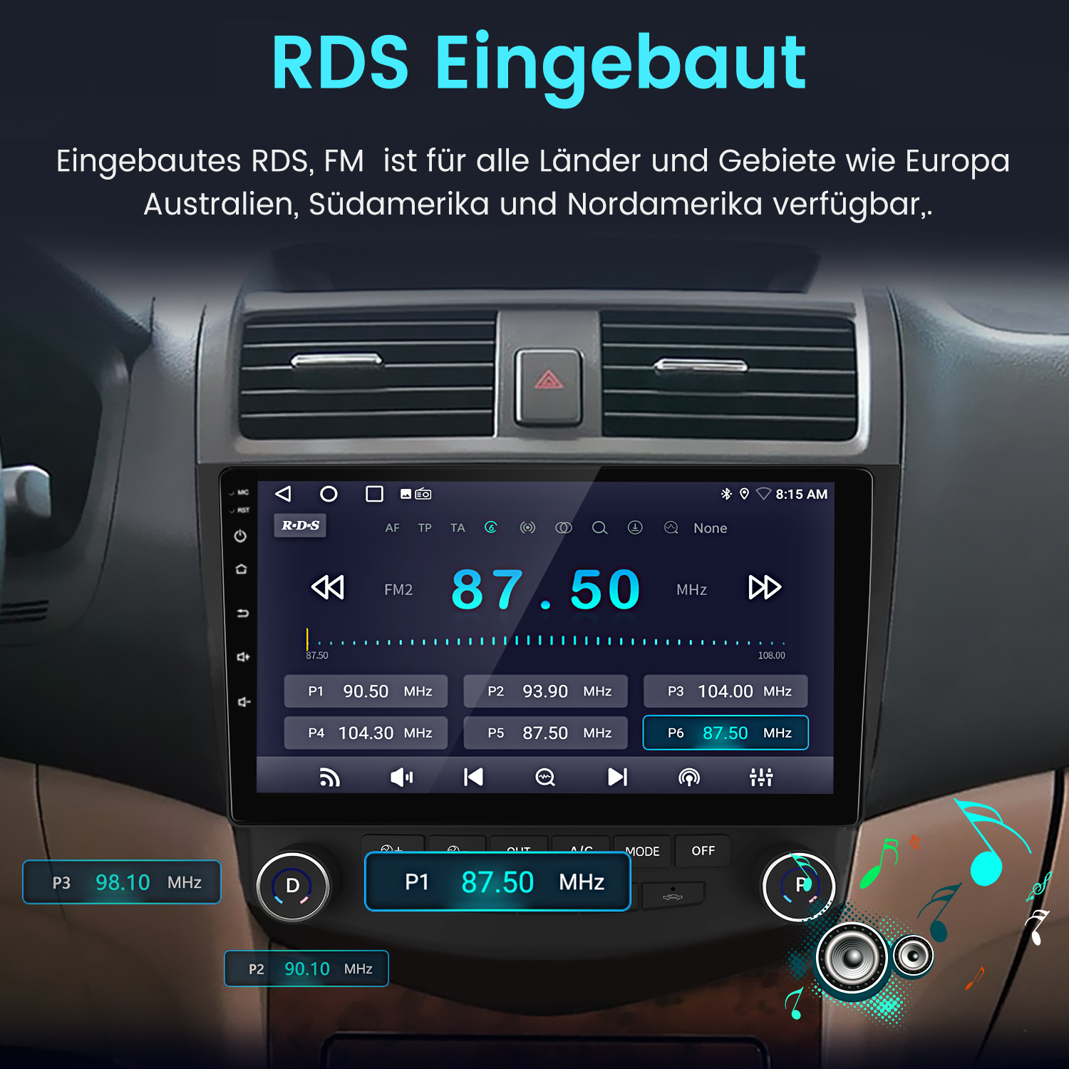 Einbau-RDS-Radio in einem Auto mit Anzeige von Frequenz und Senderwahl.