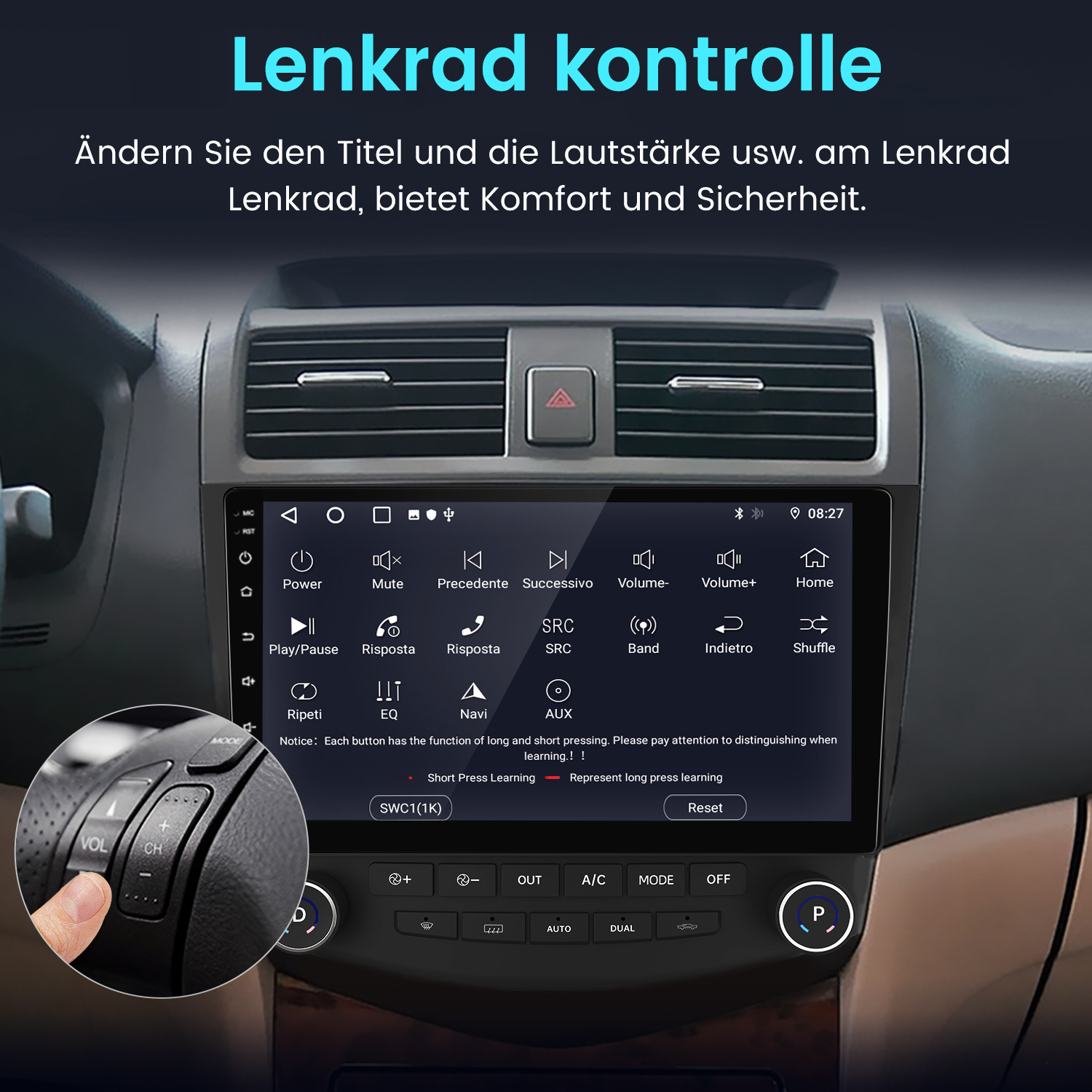 Ein Auto-Infotainmentsystem mit Lenkradsteuerung und Anzeigemenü.