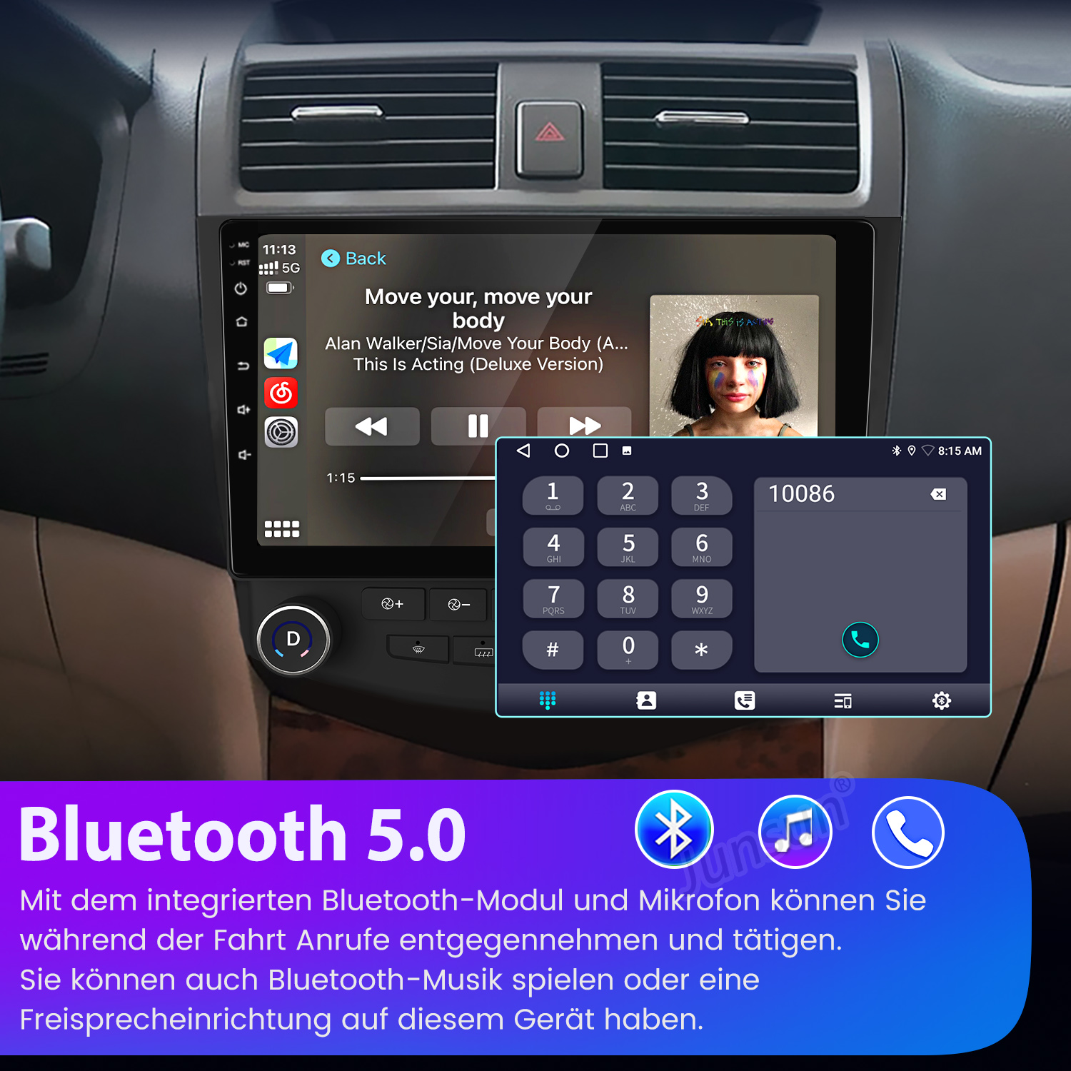 Ein Autoradio-Bildschirm zeigt ein Lied und eine Tastatur an. Unten steht Bluetooth 5.0.