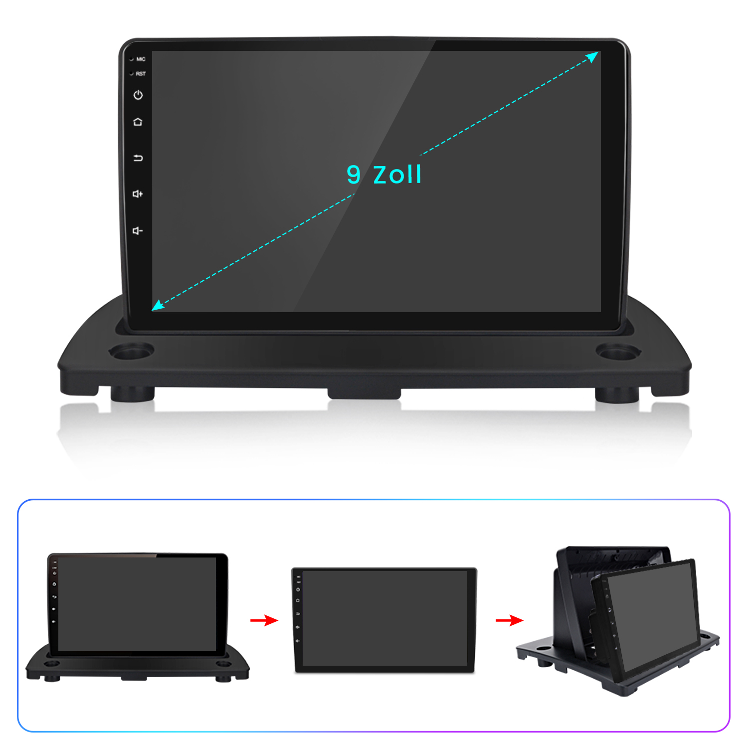 9 Zoll großer Touchscreen-Bildschirm f ür Autos, mit seitlichen Tasten.