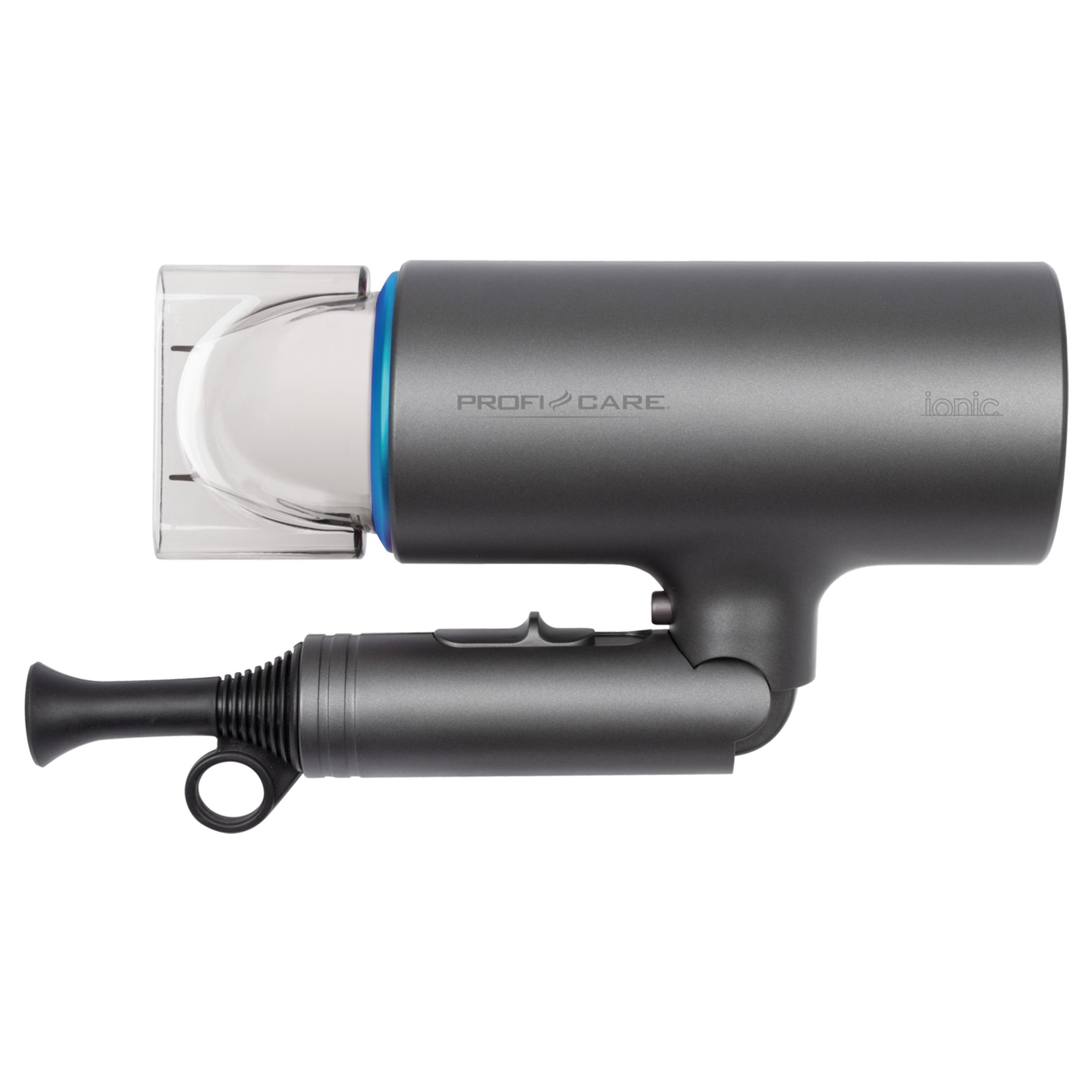 Szara suszarka do włosów z nasadką i pierścieniem, na białym tle.