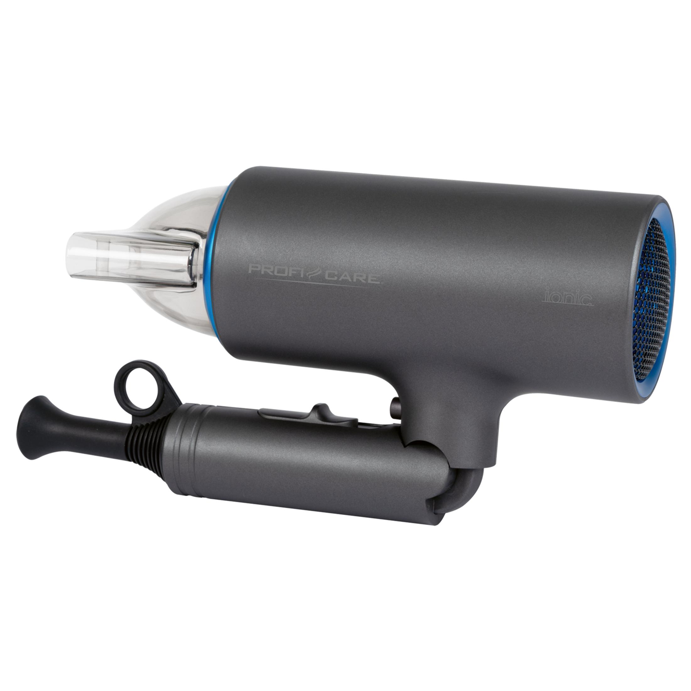 Szara suszarka do włosów z niebieską kratką i nasadką.