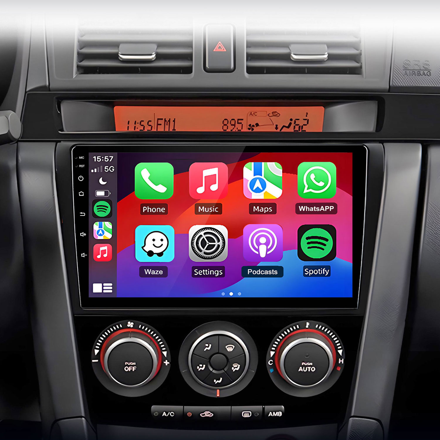 Ein Auto-Infotainmentsystem mit Apps wie Telefon, Musik und Karten.