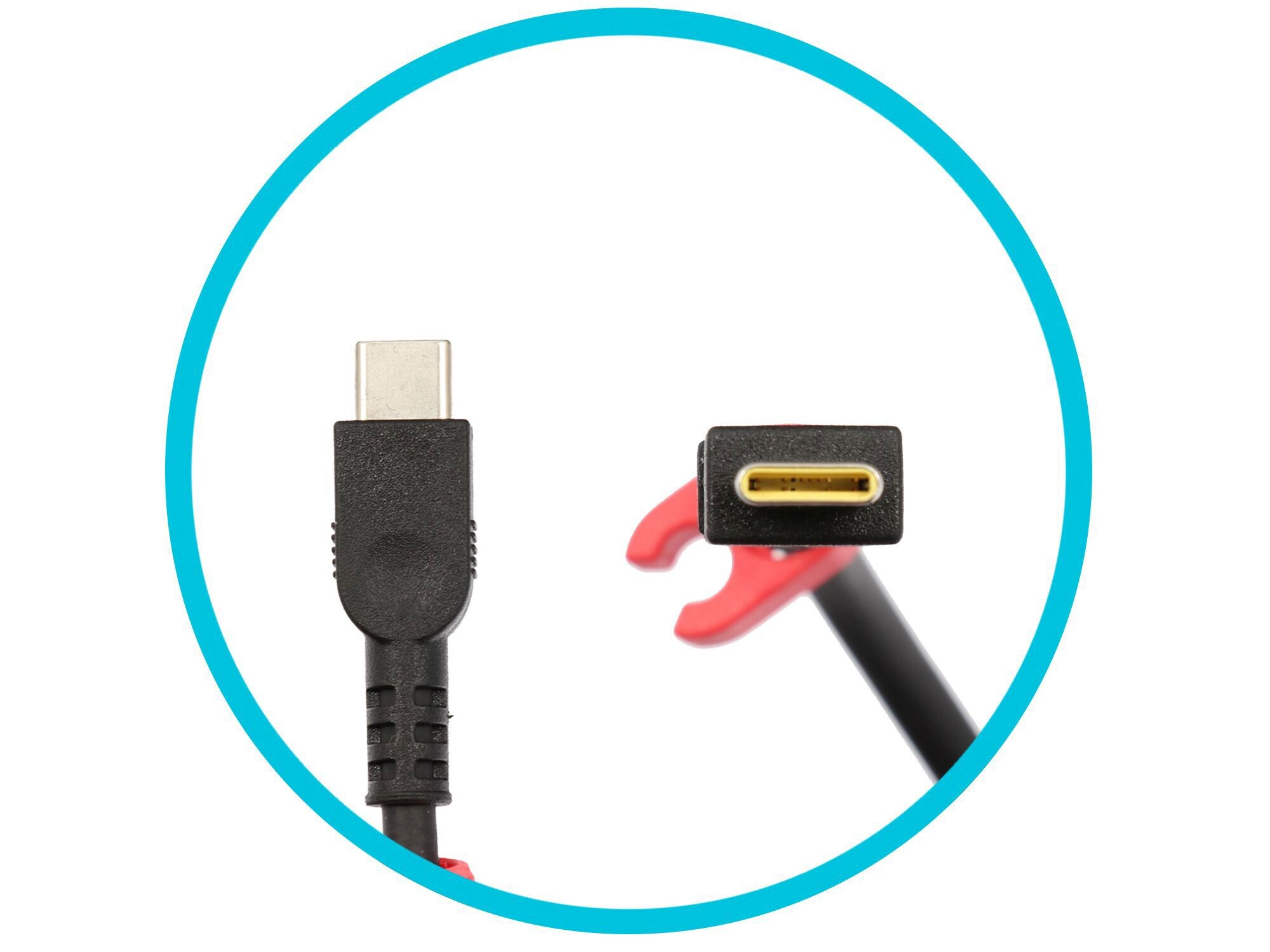 Ein schwarzes USB-C-Kabel mit einem Stecker und einer roten Halterung.