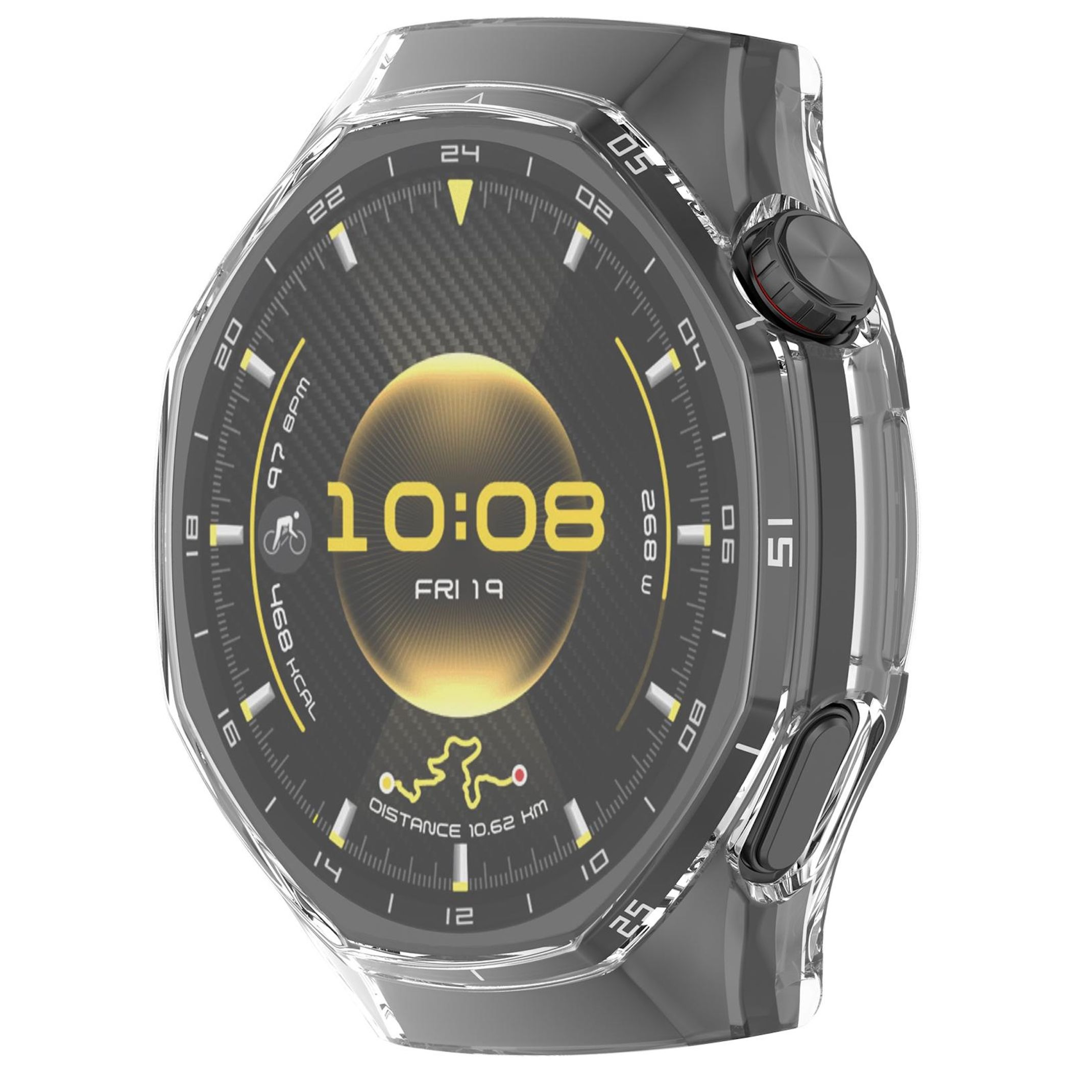Eine graue Smartwatch mit transparentem Gehäuse zeigt 10:08 Uhr an.