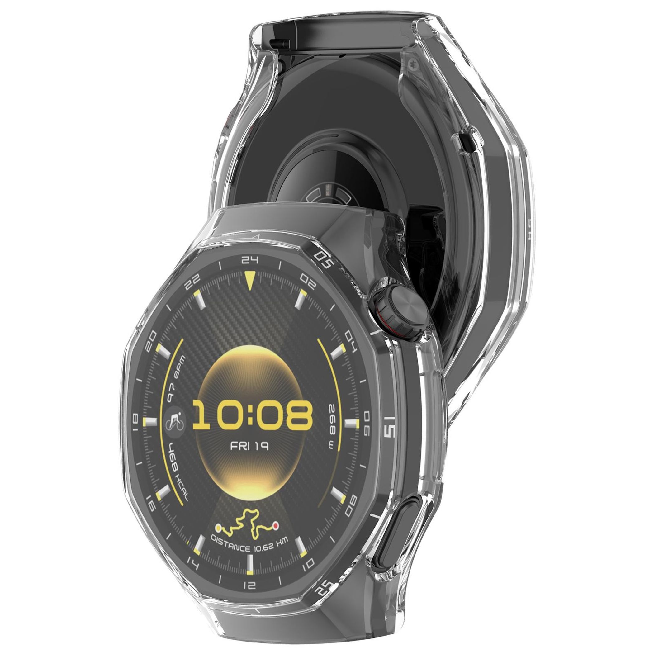Eine transparente Schutzhülle schützt eine Smartwatch mit schwarzem Zifferblatt und gelben Akzenten.