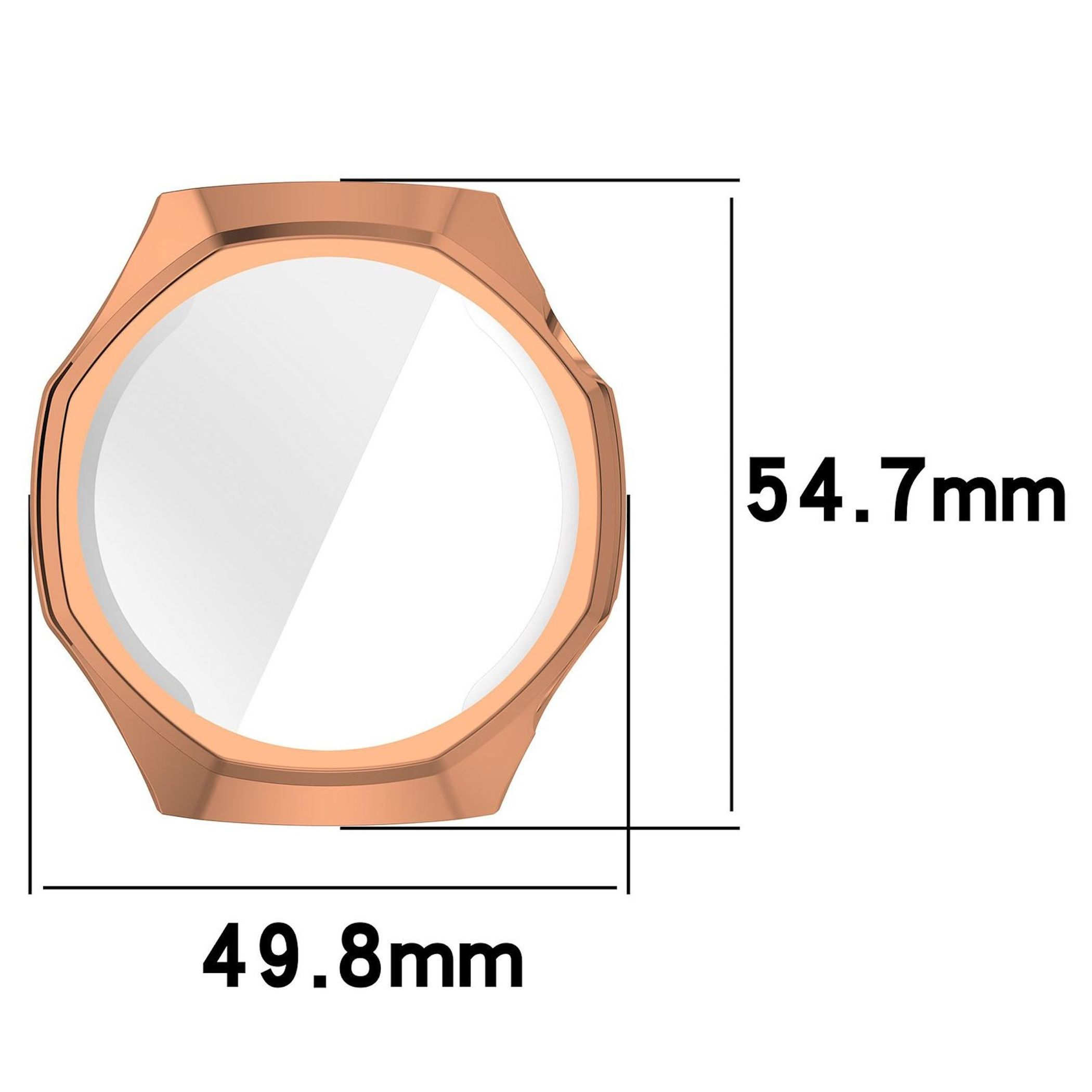 Ein achteckiges, roségoldenes Gehäuse mit Maßen 49,8 mm und 54,7 mm.