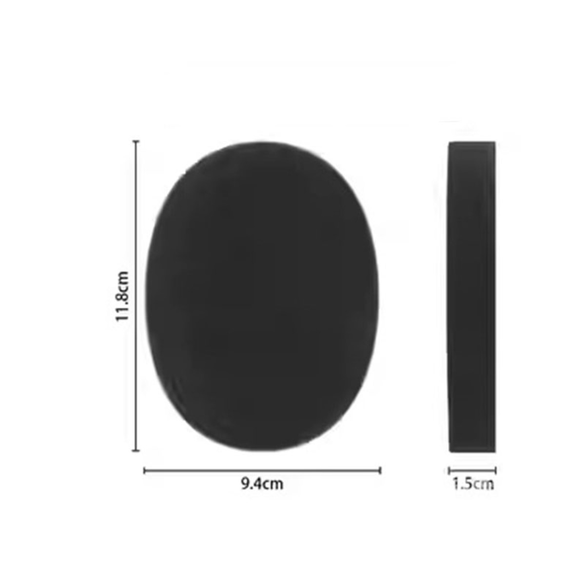 Oggetto rotondo nero mostrato di fronte e di lato, con dimensioni 11,8cm x 9,4cm x 1,5cm.