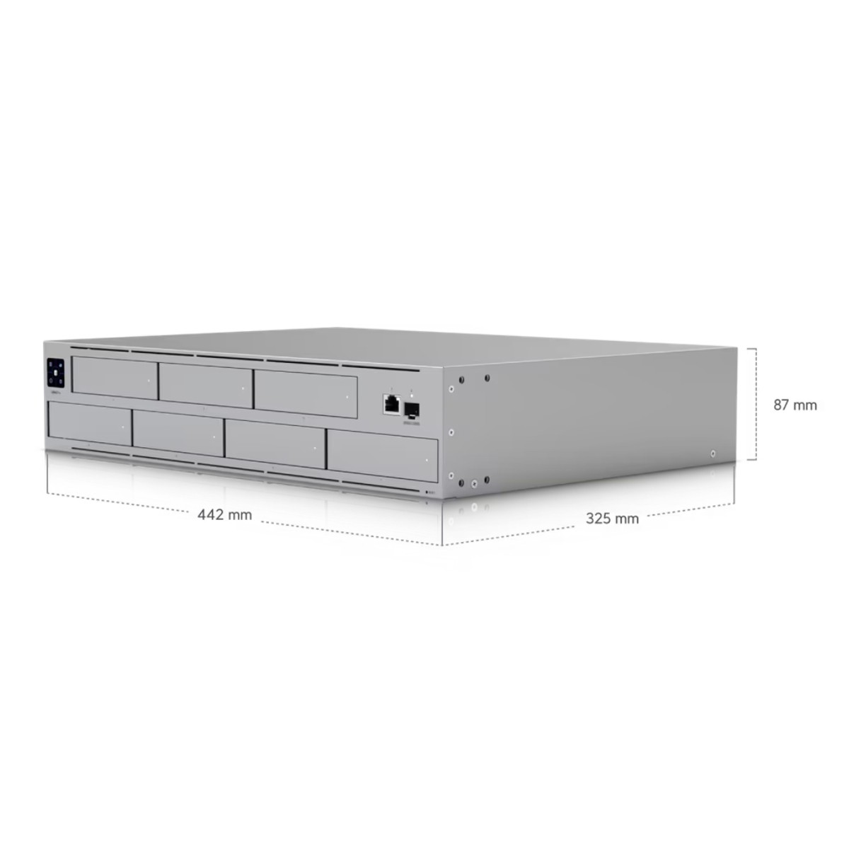 Ein silbernes Rack-Server-Gehäuse mit Laufwerkschächten und Anschlüssen.