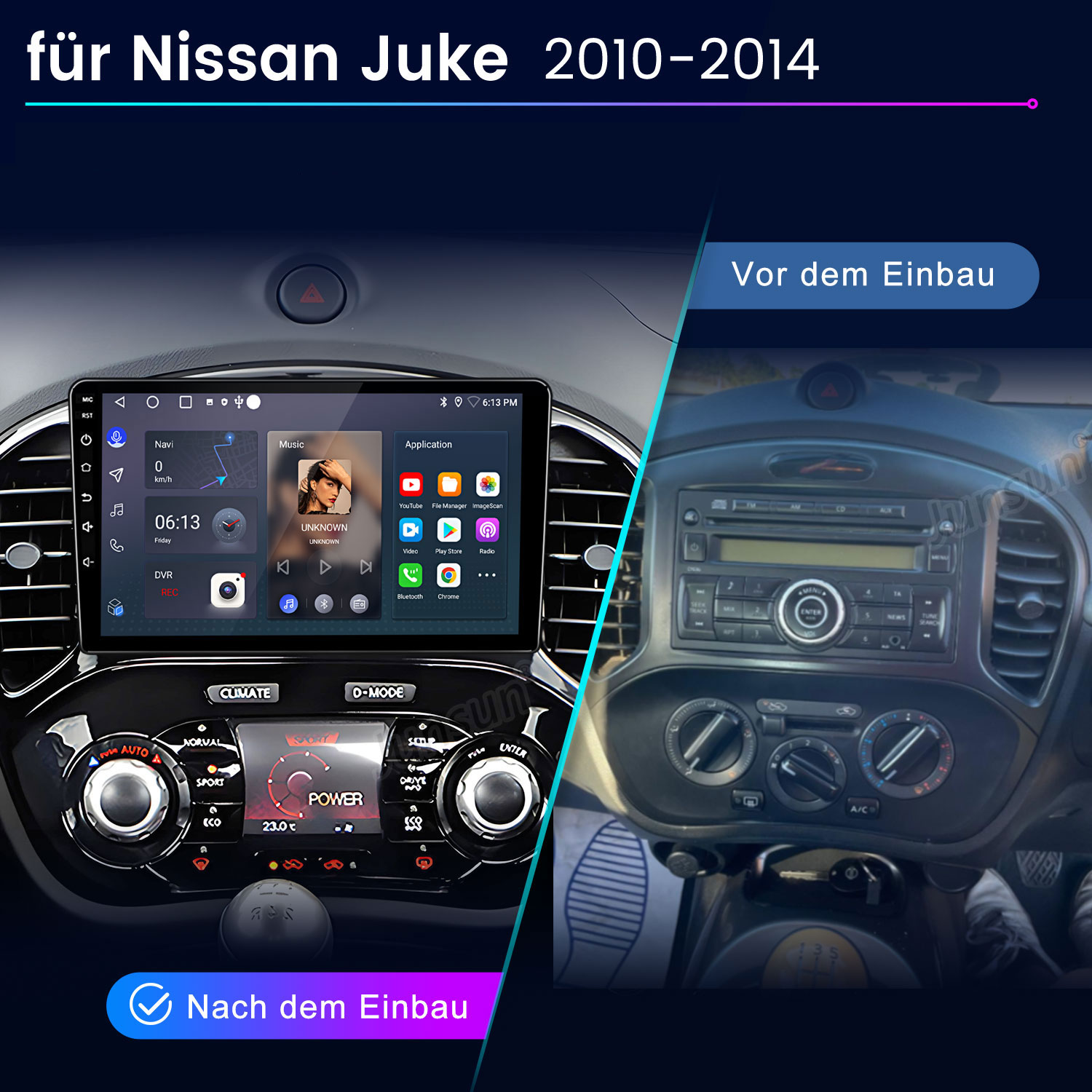 Vorher-Nachher-Vergleich eines Nissan Juke 2010-2014 Armaturenbretts mit neuem Infotainmentsystem.