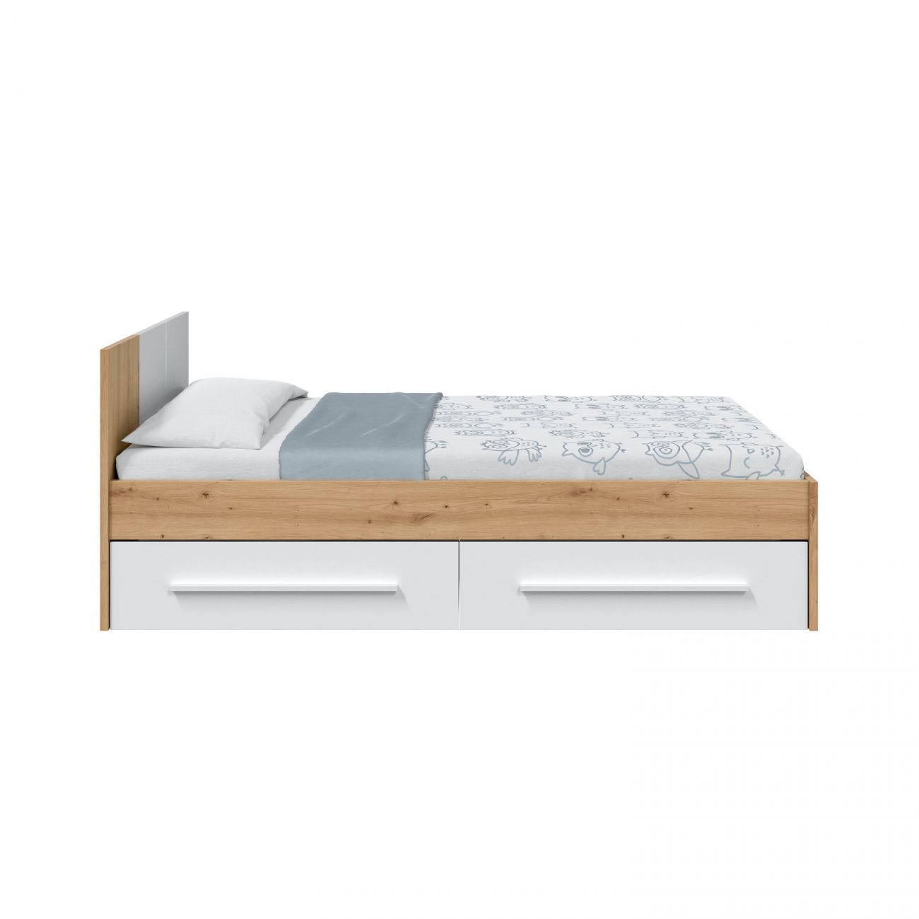Un somier de madera con cajones blancos, almohada blanca y manta azul.
