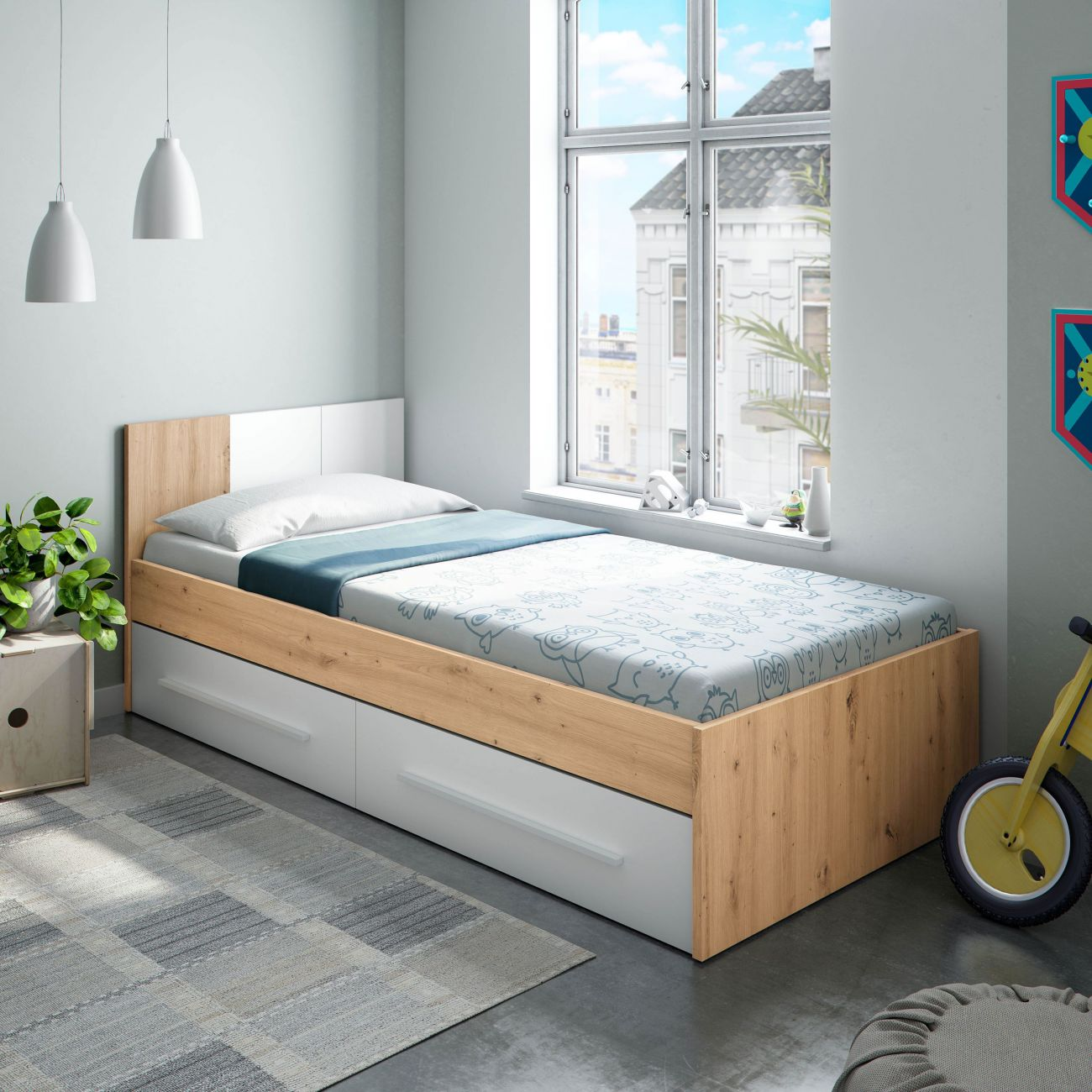 Una cama individual con marco de madera y cajones blancos junto a una ventana.