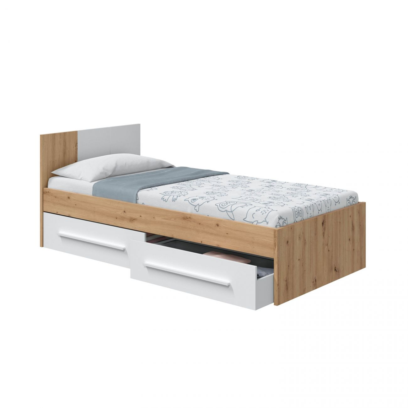 Una cama individual con marco de madera, cajones blancos y colcha con estampado de animales.