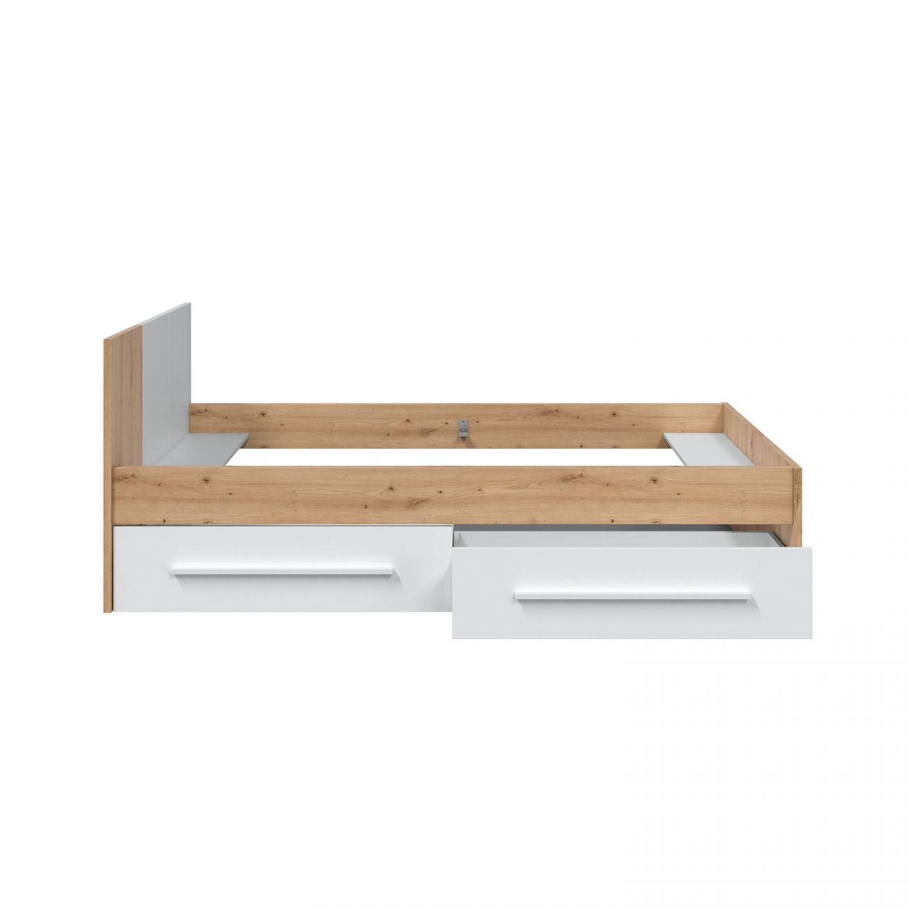 Estructura de cama de madera con cajones blancos y listones de madera.