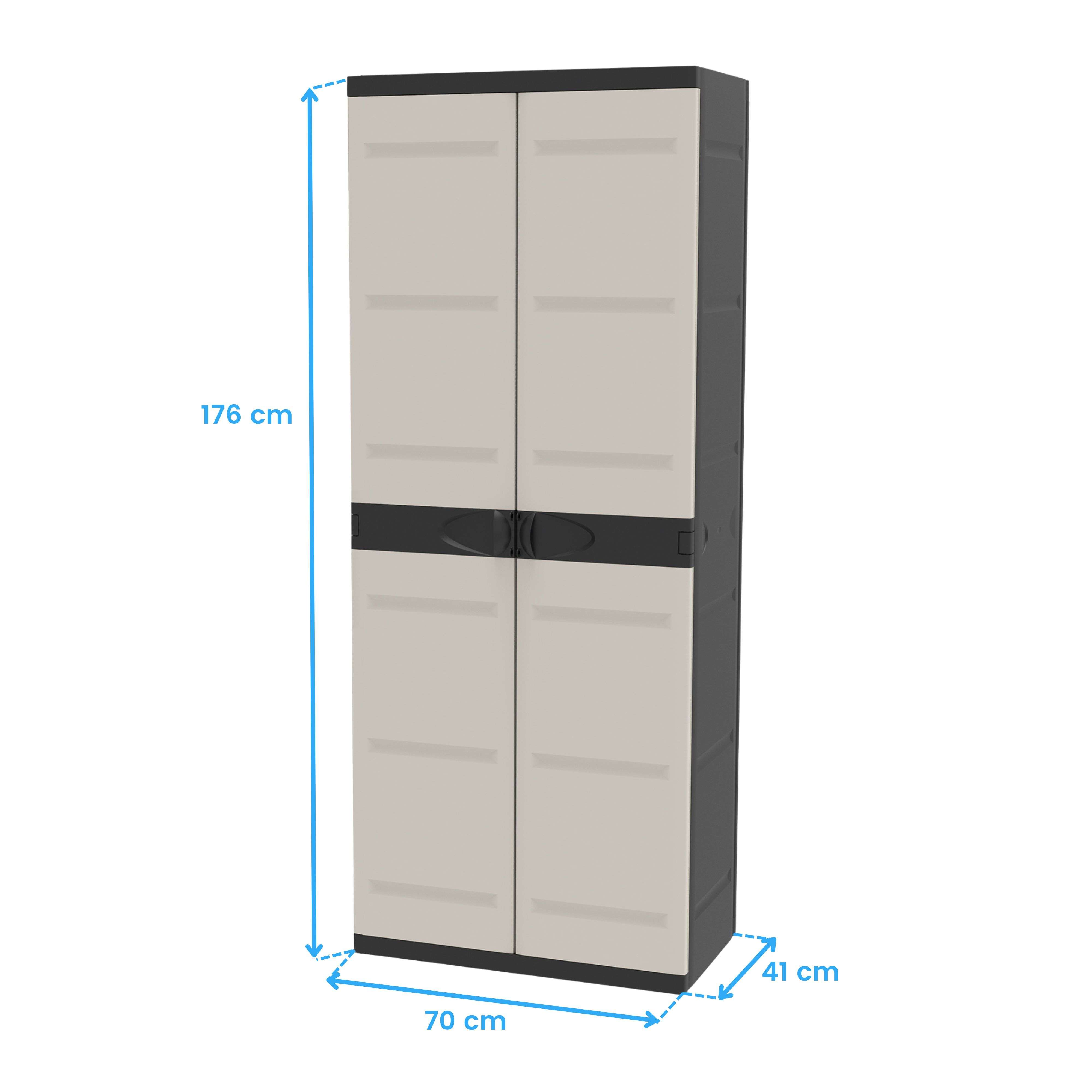 Armario alto y estrecho con dos puertas, gris y beige, dimensiones 176x70x41 cm.