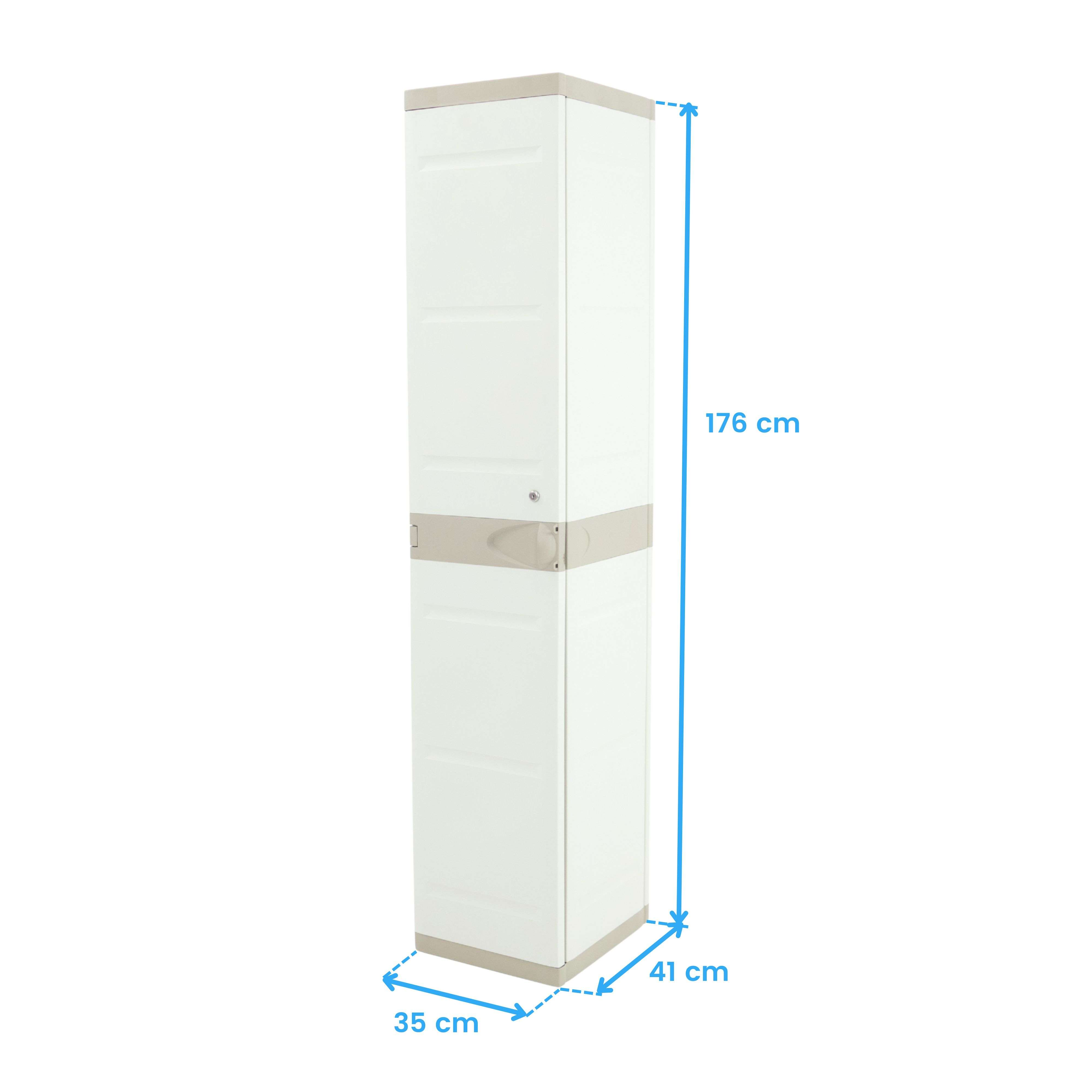 Un armario alto y estrecho blanco con detalles grises, medidas 176x41x35 cm.