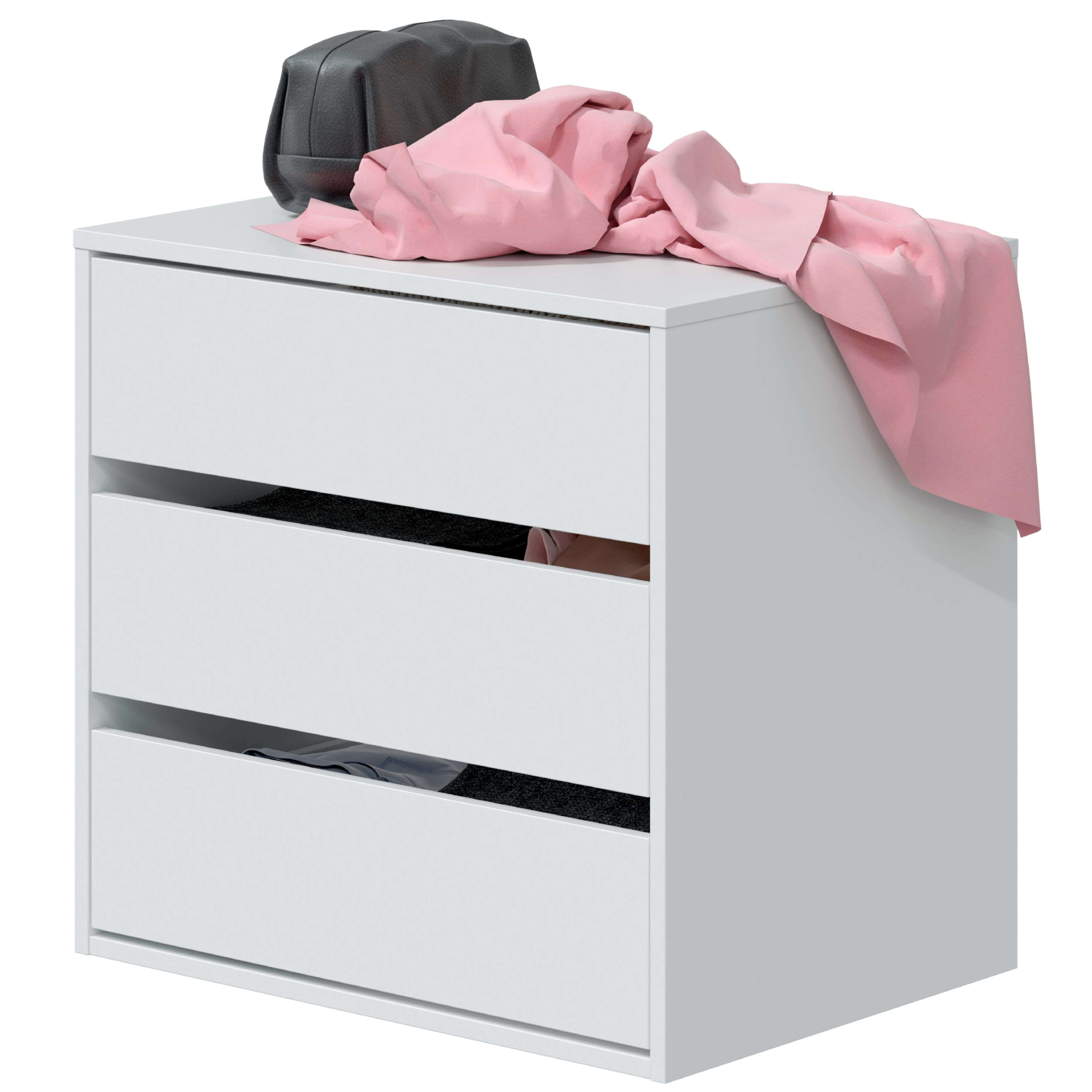 Un mueble blanco de tres cajones con un bolso gris y tela rosa encima.
