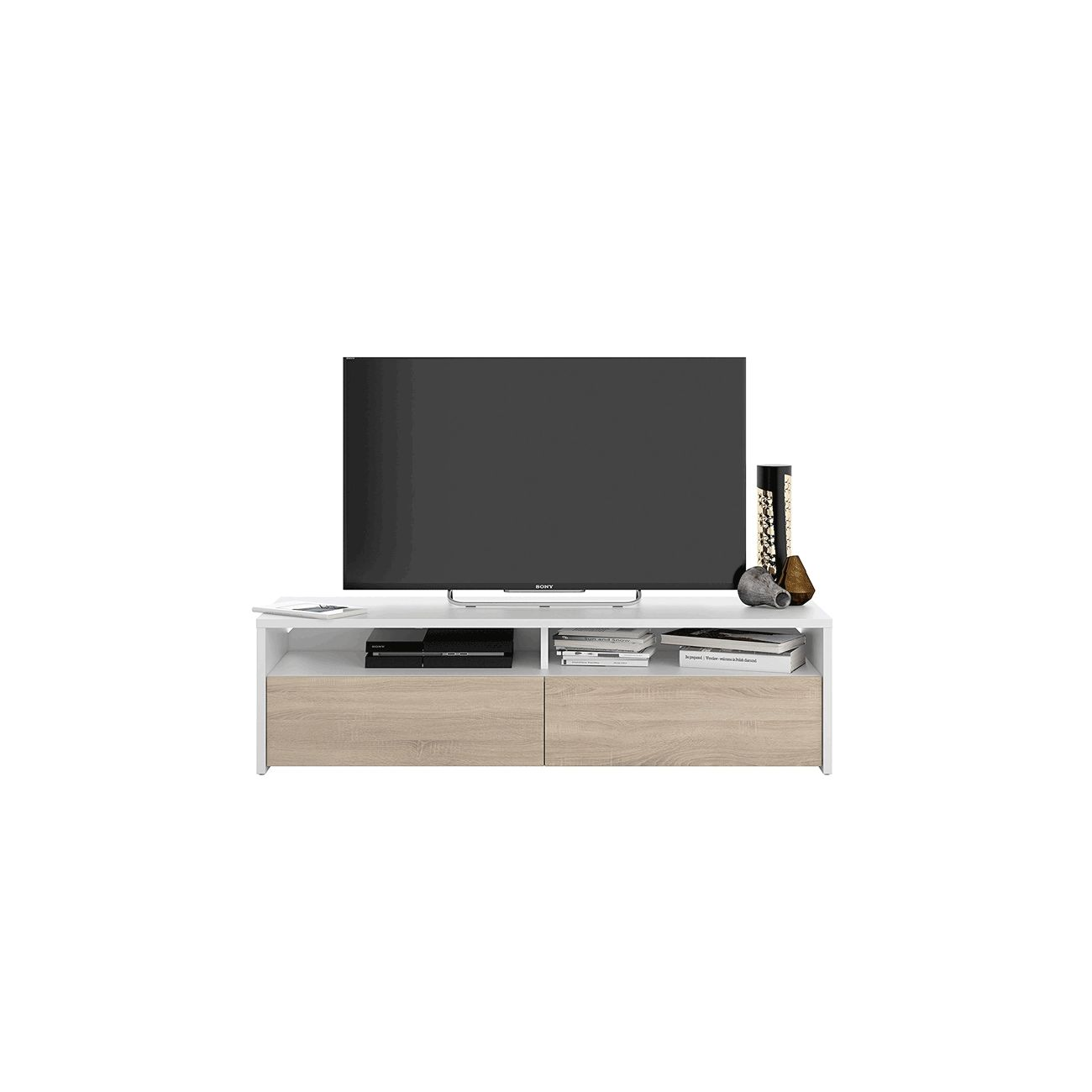 Mueble de TV moderno con televisión, reproductor Blu-ray, libros y jarrones.
