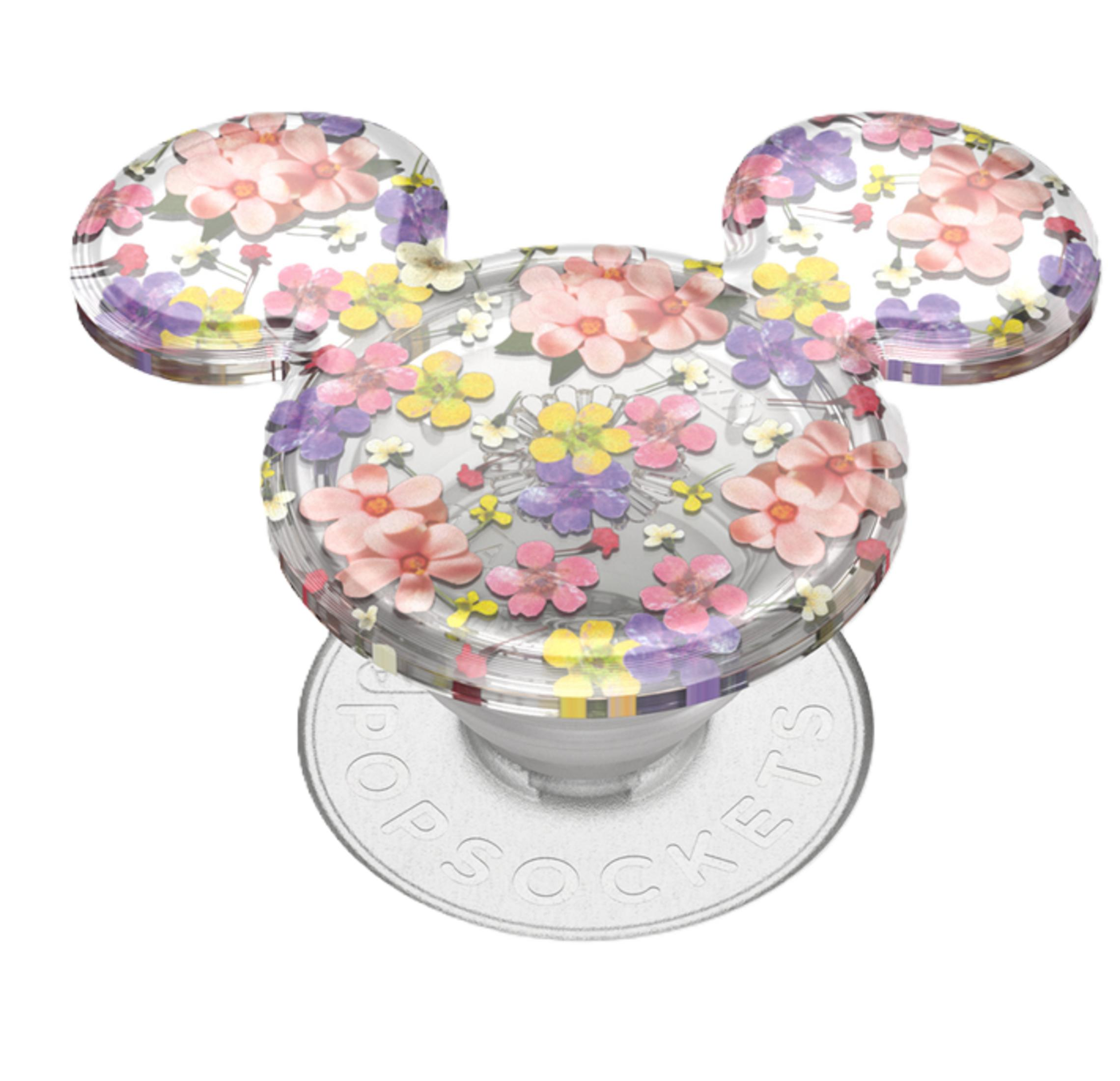 Una presa a forma di Topolino con fantasia floreale su sfondo trasparente.